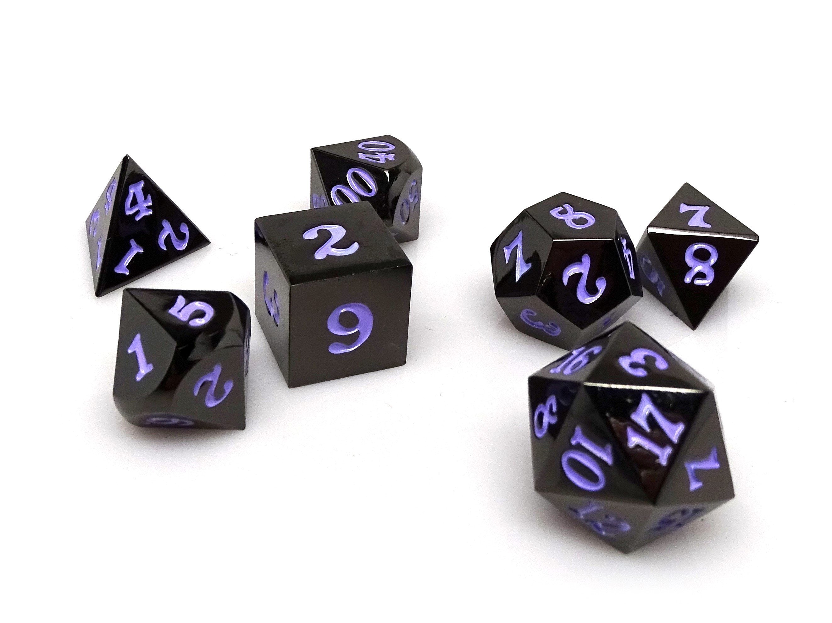 Gun Metal 7 Piece Dice Set - Signature Font - Purple - Bards & Cards