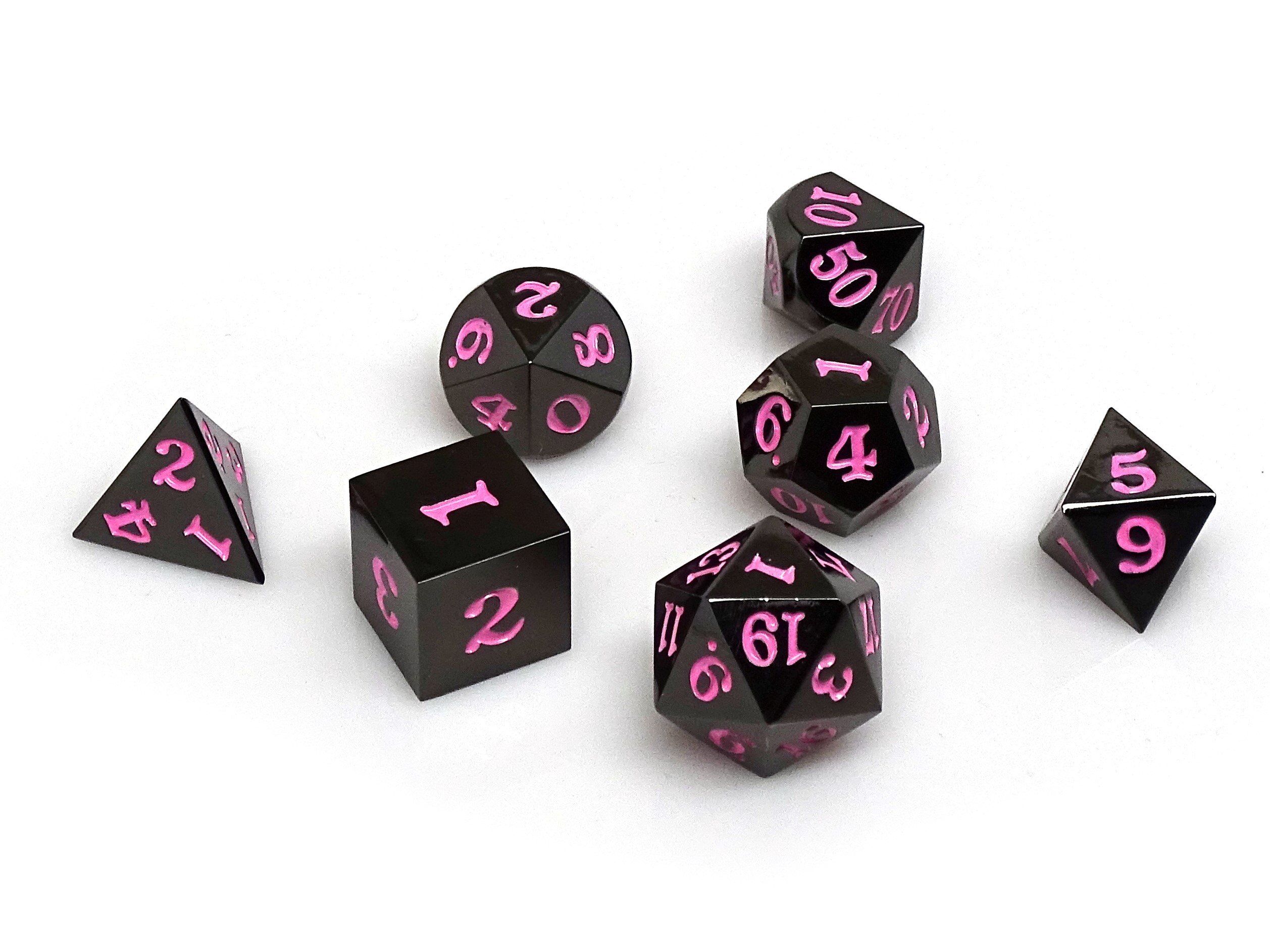 Gun Metal 7 Piece Dice Set - Signature Font - Pink - Bards & Cards