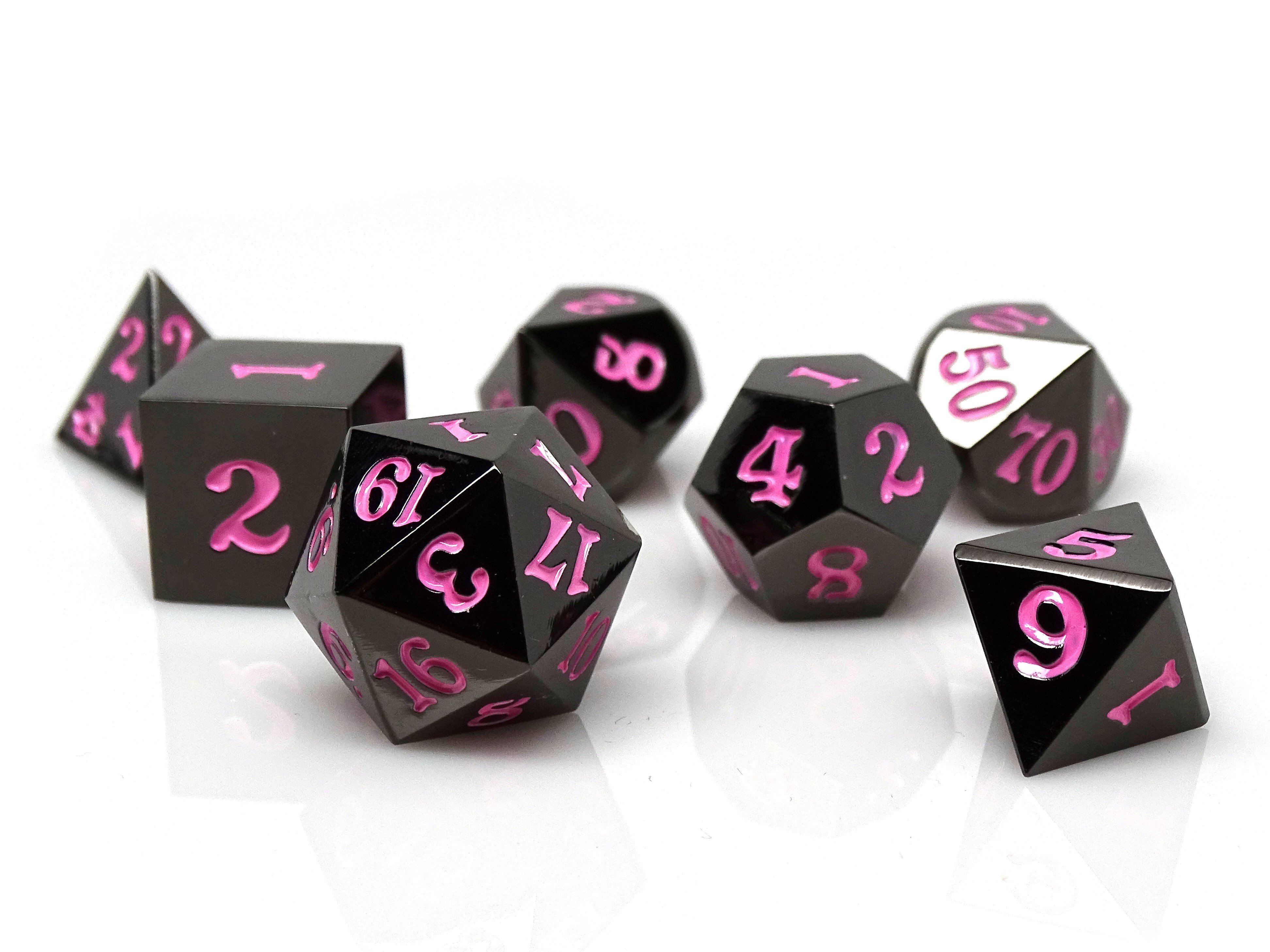 Gun Metal 7 Piece Dice Set - Signature Font - Pink - Bards & Cards