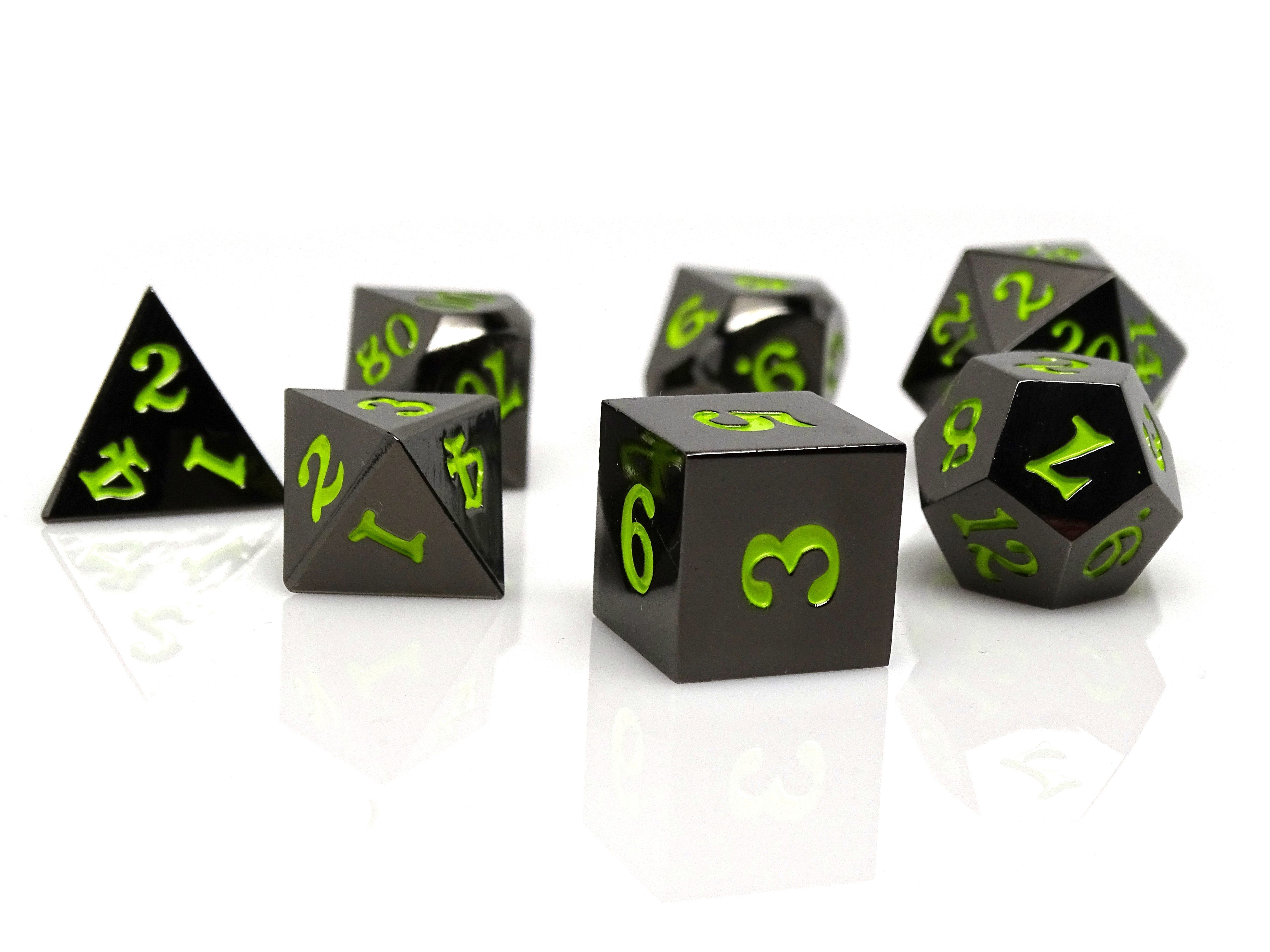 Gun Metal 7 Piece Dice Set - Signature Font - Lime - Bards & Cards