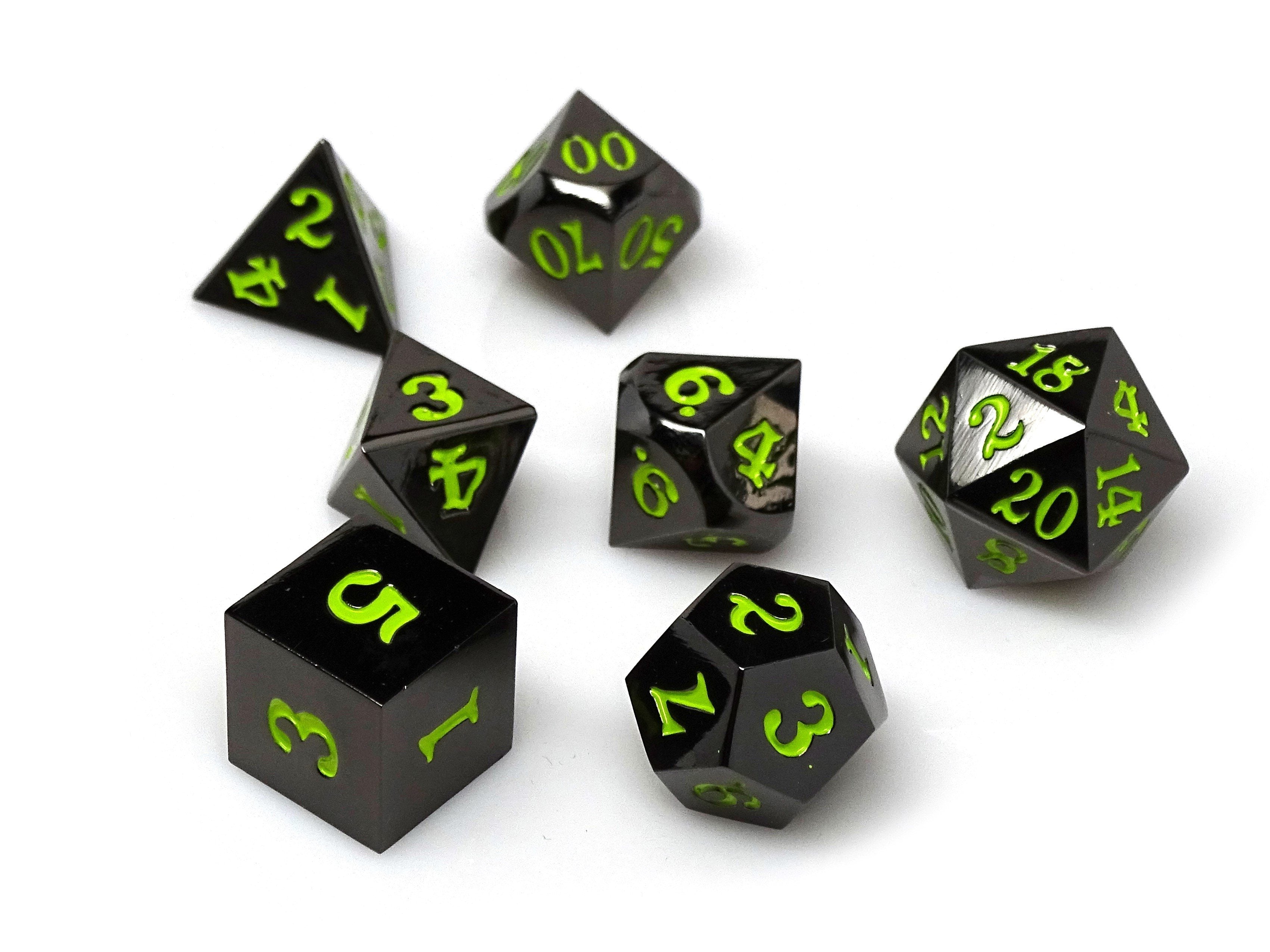 Gun Metal 7 Piece Dice Set - Signature Font - Lime - Bards & Cards