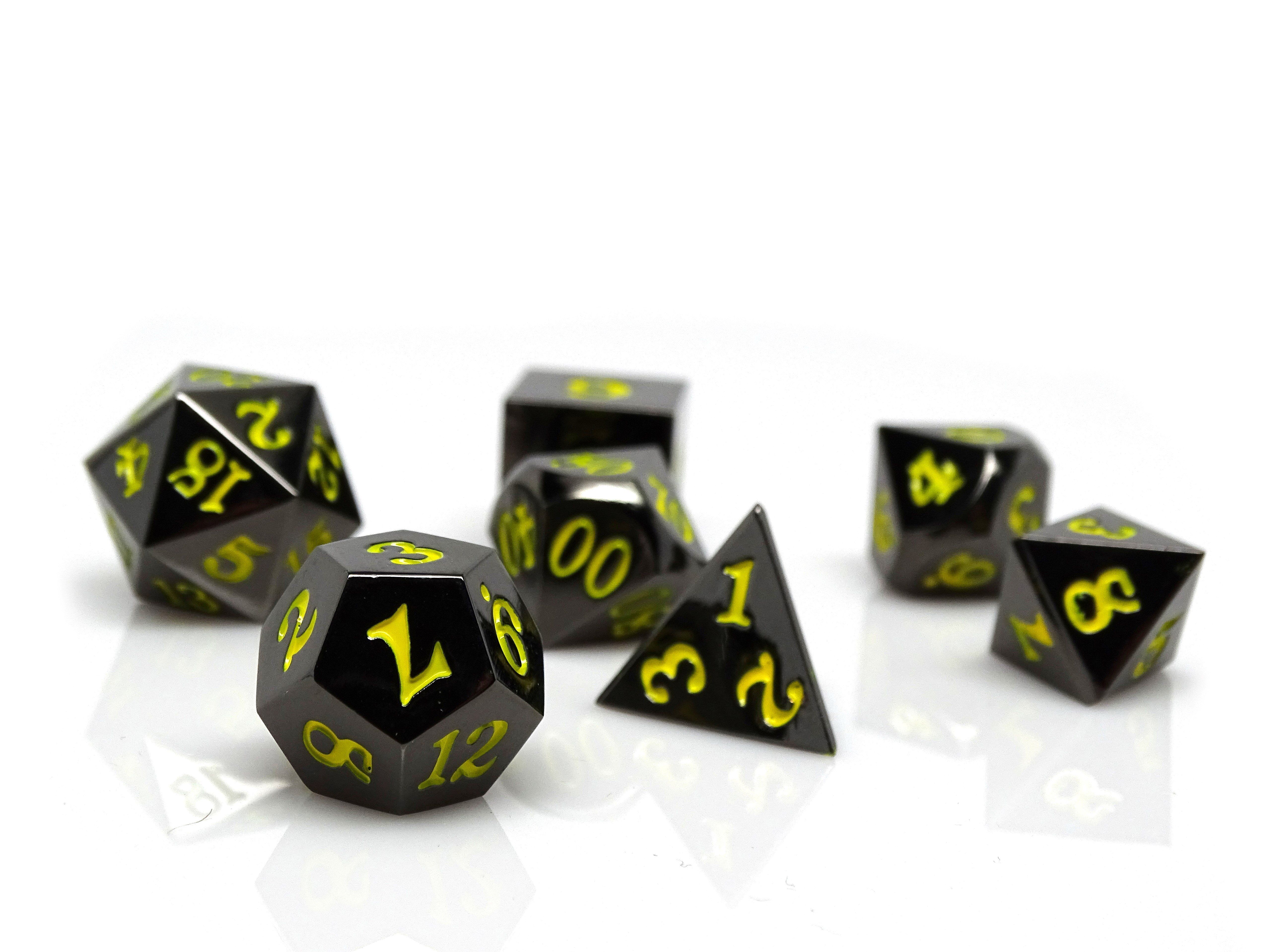 Gun Metal 7 Piece Dice Set - Signature Font - Yellow - Bards & Cards