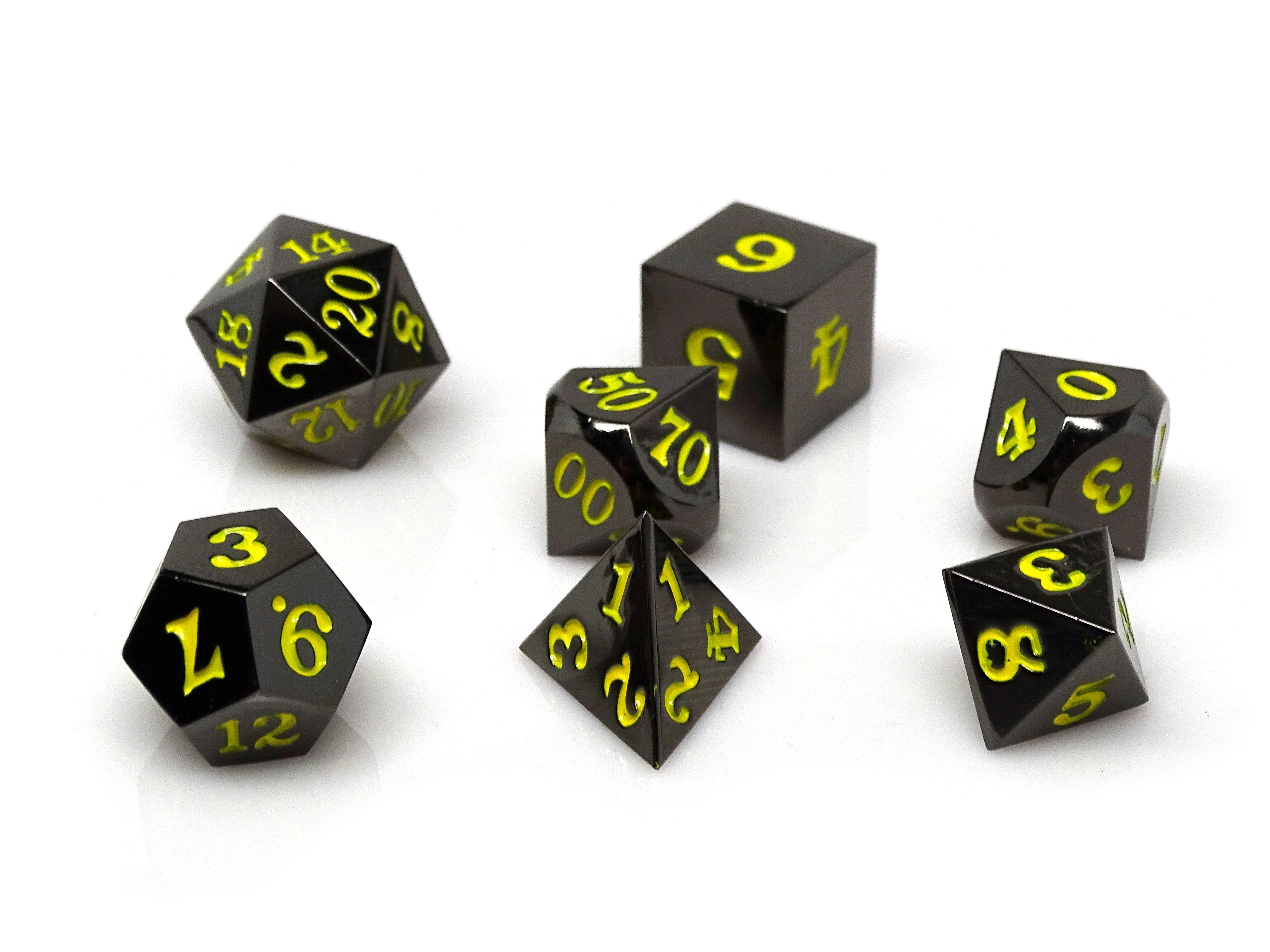 Gun Metal 7 Piece Dice Set - Signature Font - Yellow - Bards & Cards