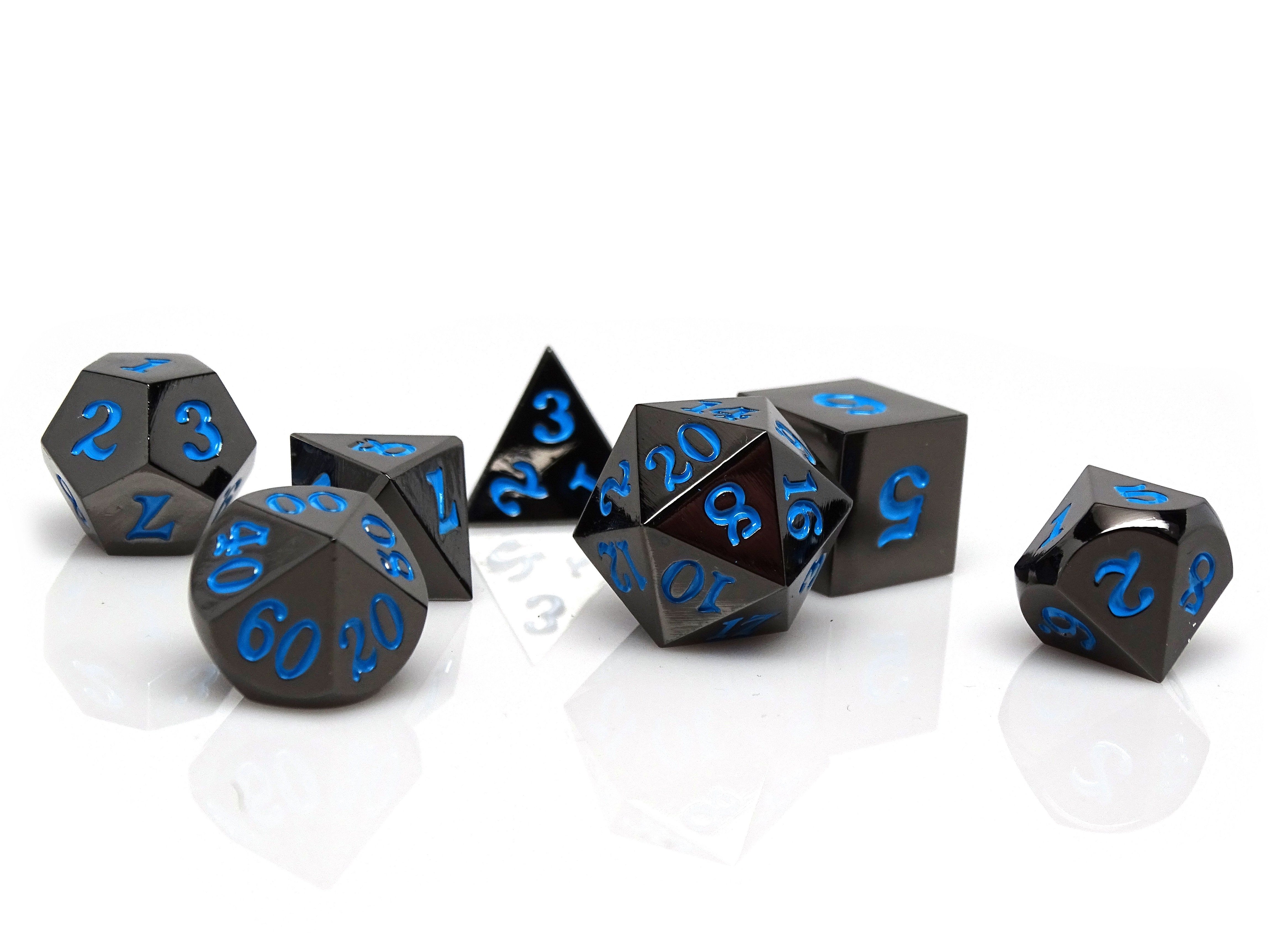 Gun Metal 7 Piece Dice Set - Signature Font - Powder Blue - Bards & Cards