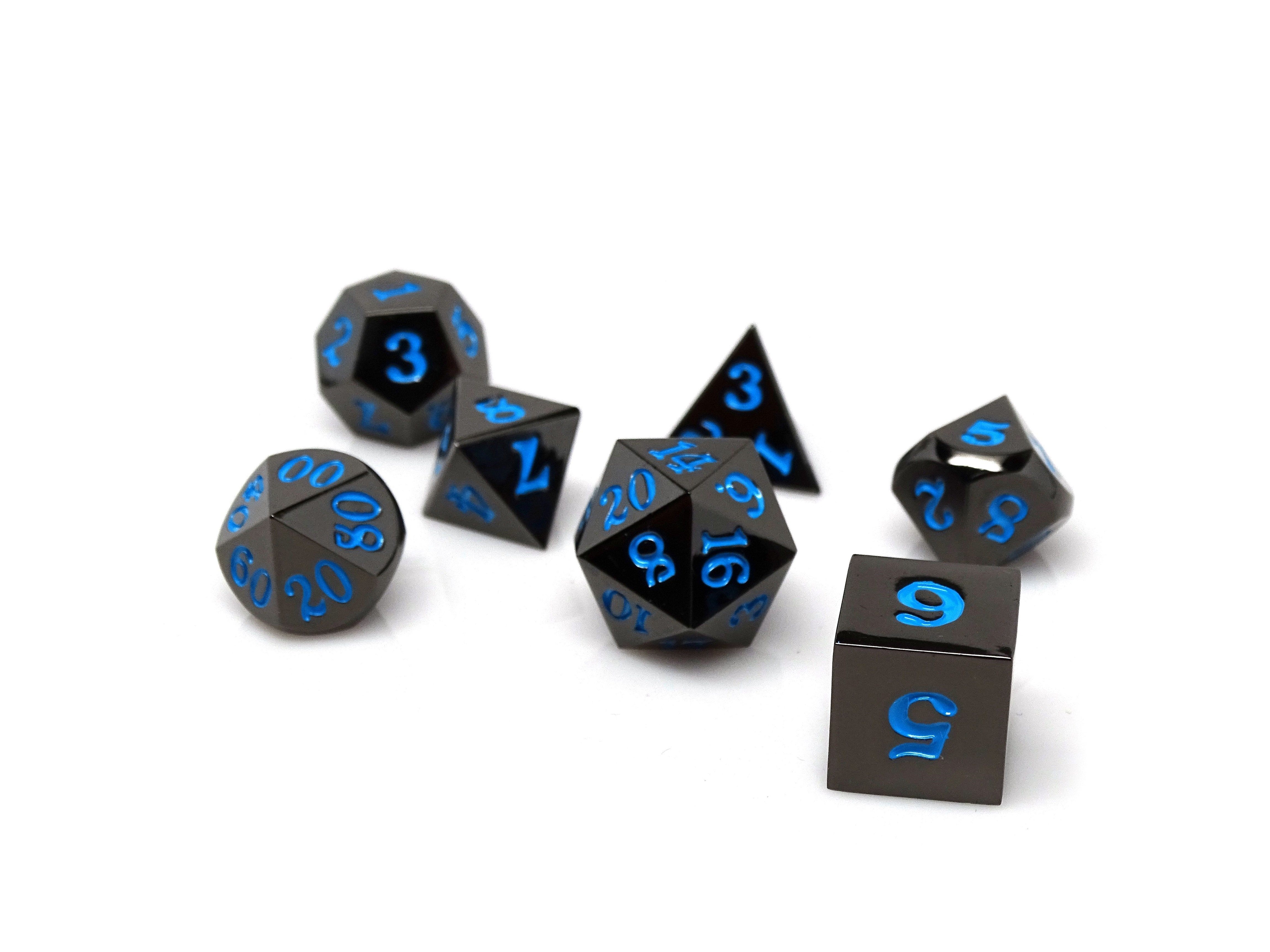 Gun Metal 7 Piece Dice Set - Signature Font - Powder Blue - Bards & Cards