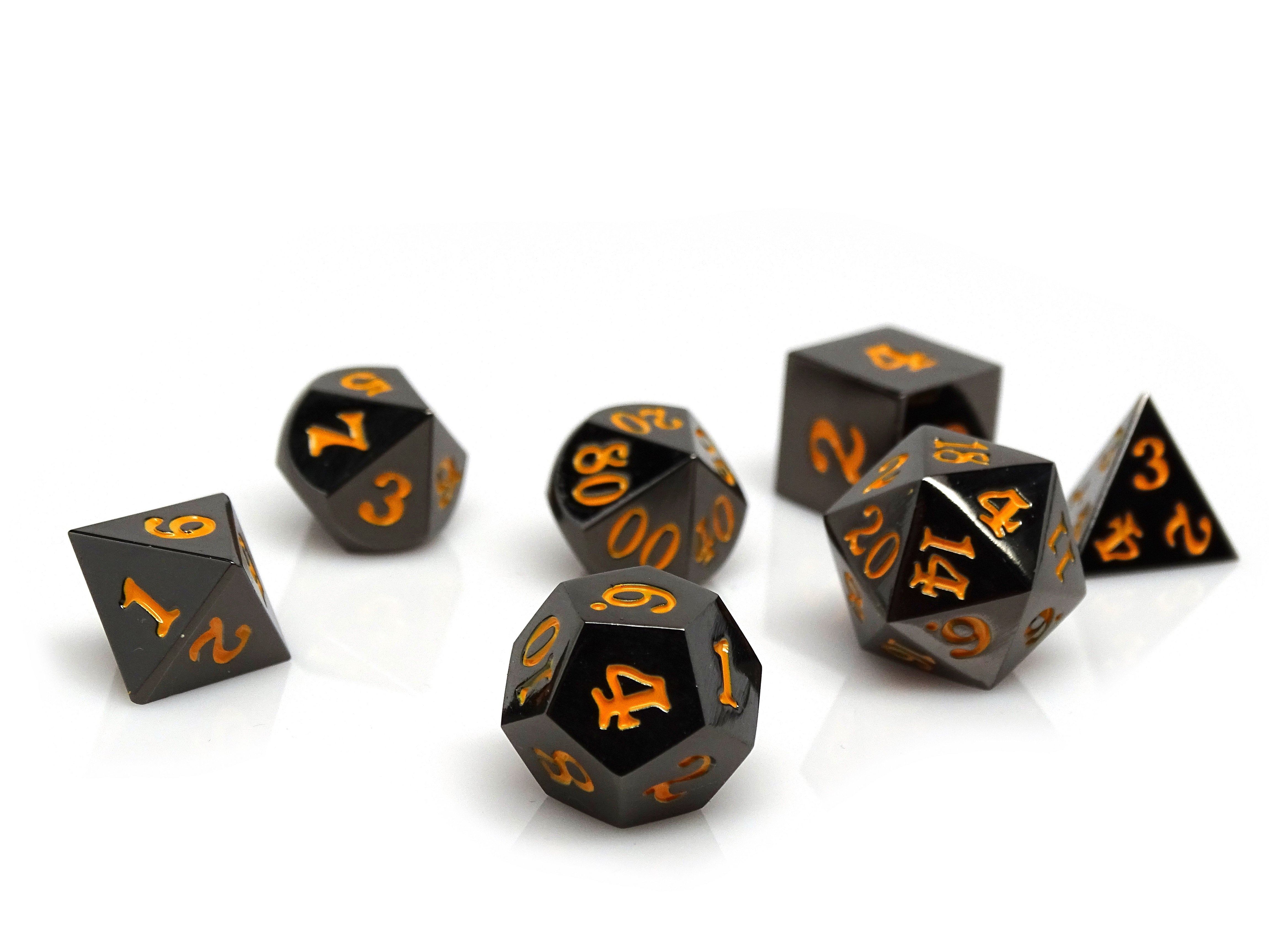 Gun Metal 7 Piece Dice Set - Signature Font - Orange - Bards & Cards