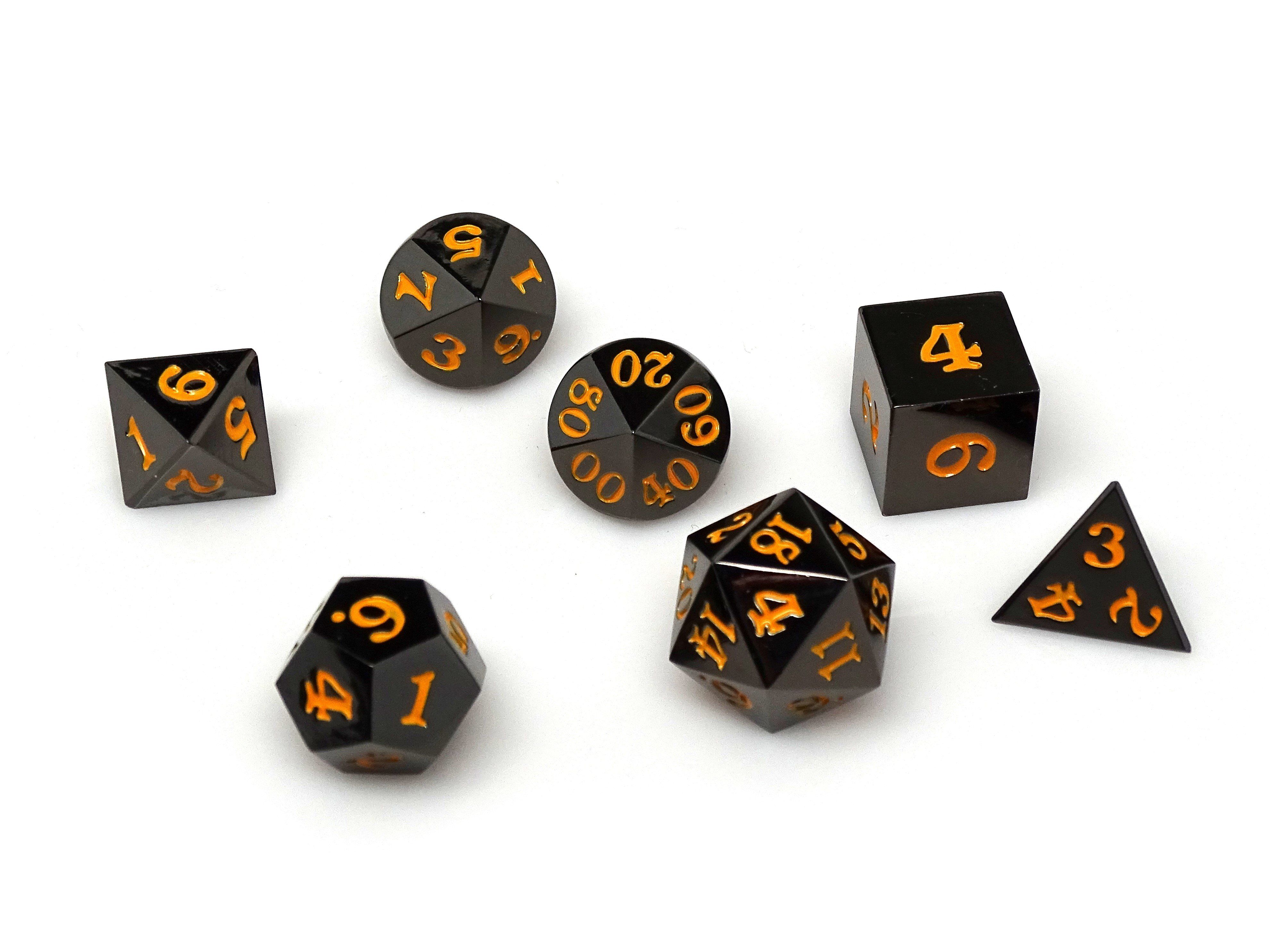 Gun Metal 7 Piece Dice Set - Signature Font - Orange - Bards & Cards