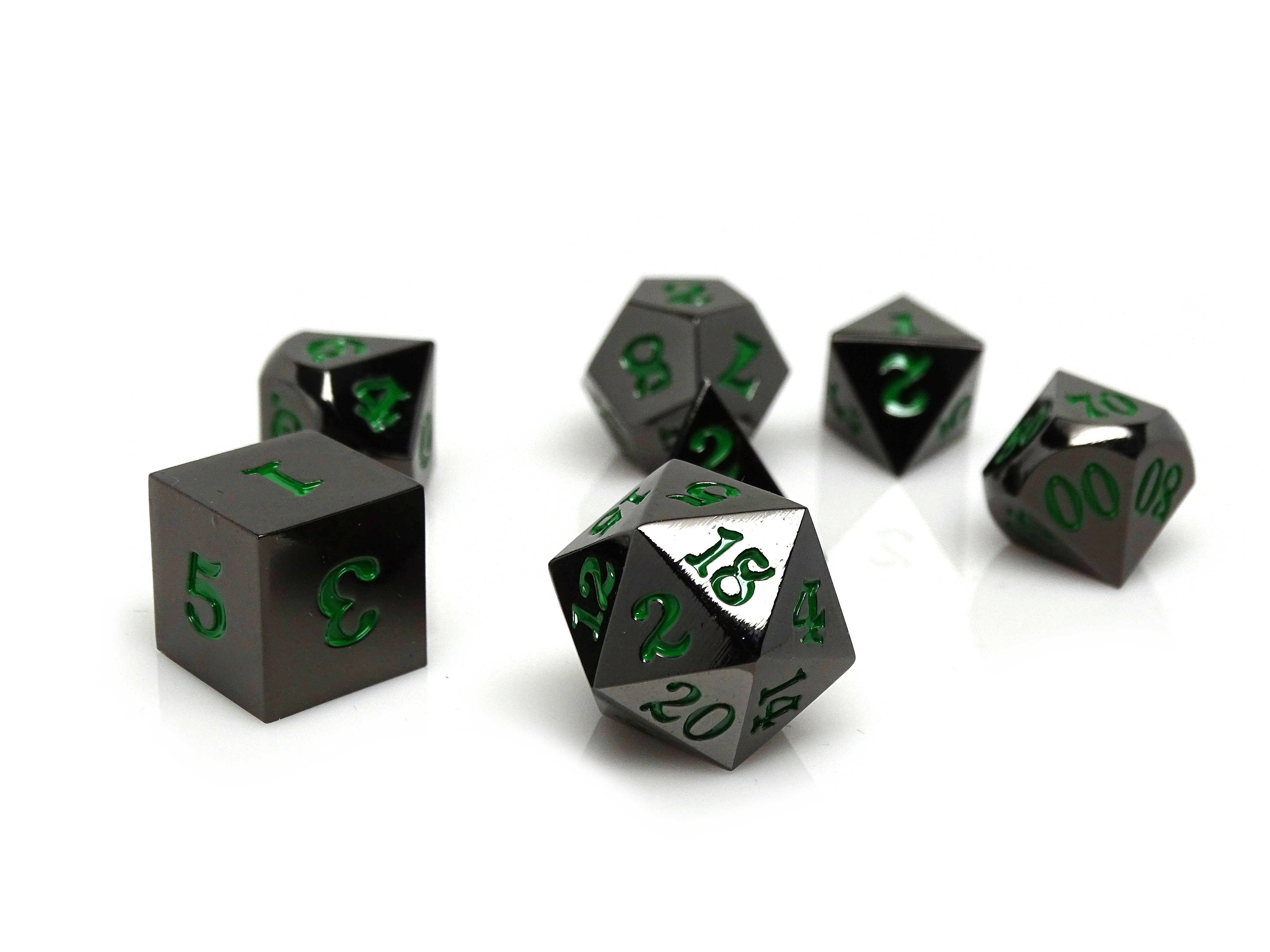 Gun Metal 7 Piece Dice Set - Signature Font - Green - Bards & Cards