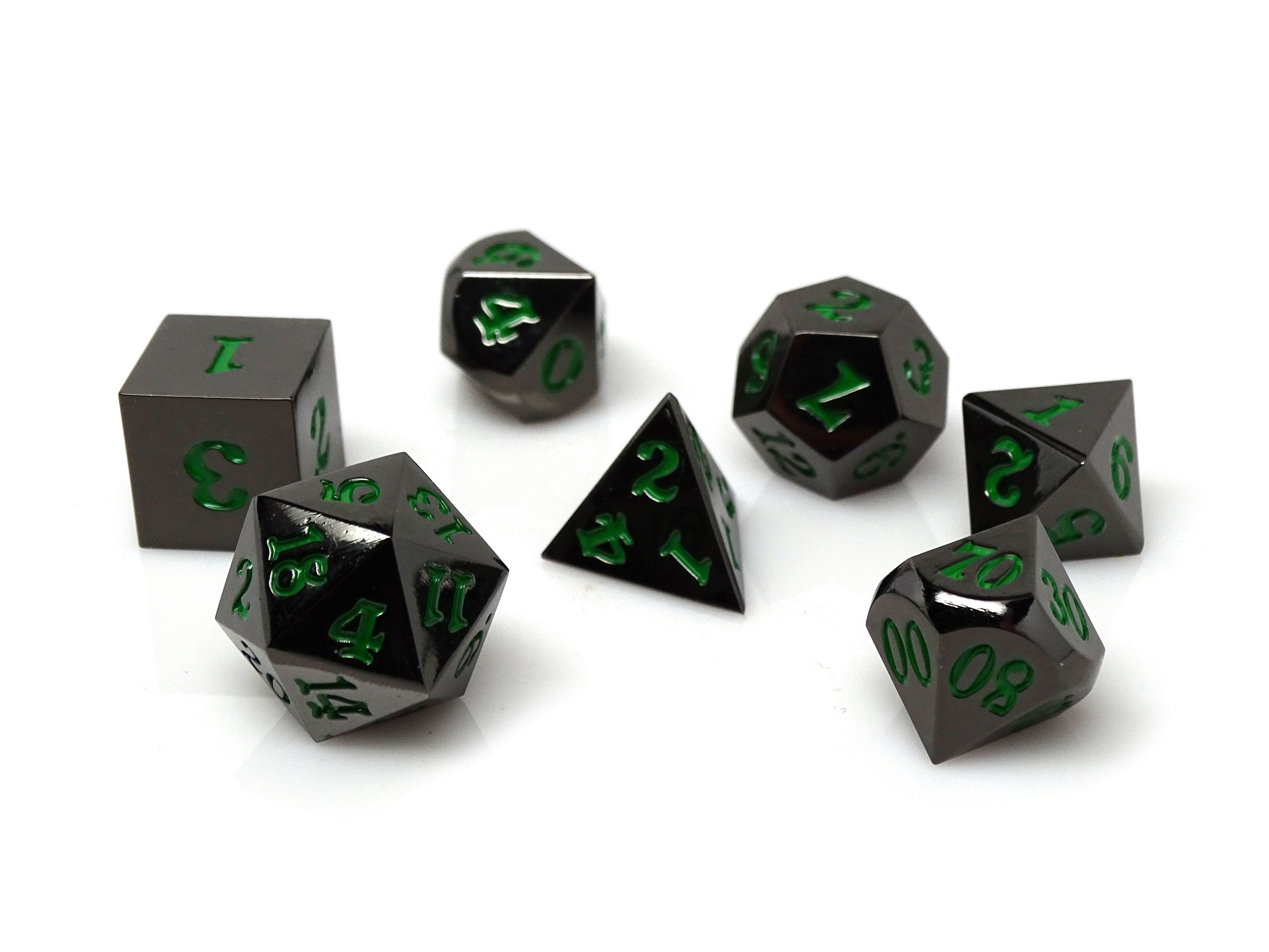 Gun Metal 7 Piece Dice Set - Signature Font - Green - Bards & Cards