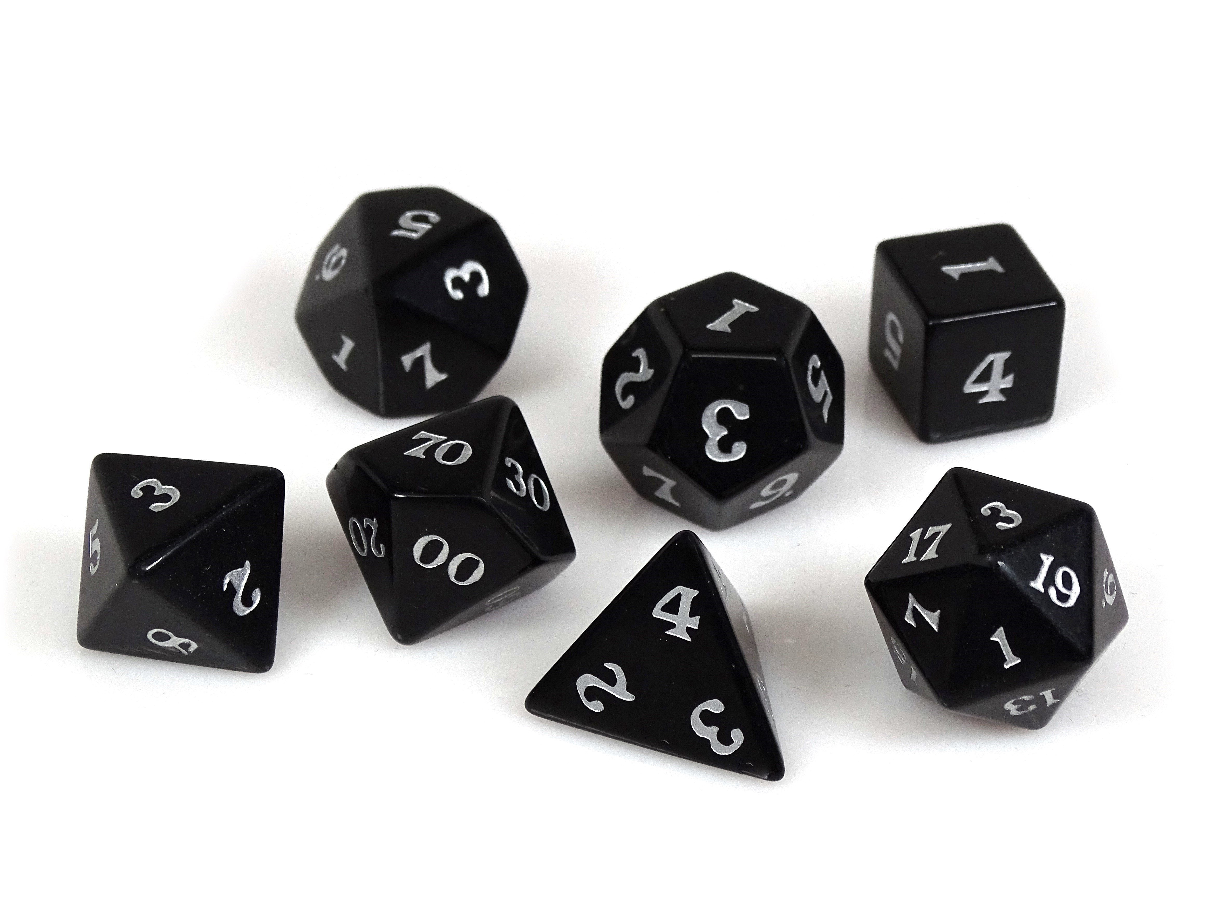 Black Obsidian Dice Set - Silver Signature Font - Bards & Cards