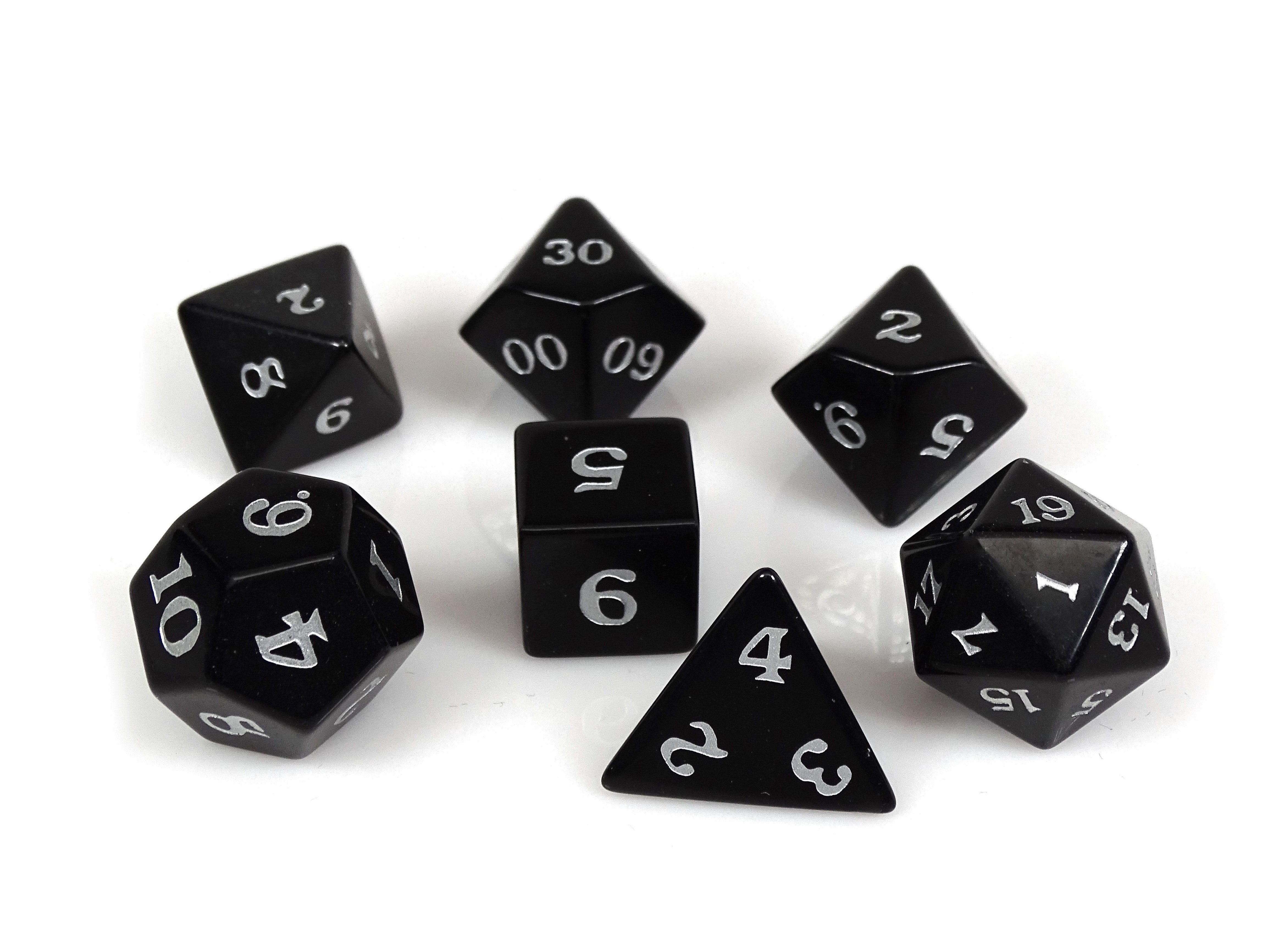 Black Obsidian Dice Set - Silver Signature Font - Bards & Cards