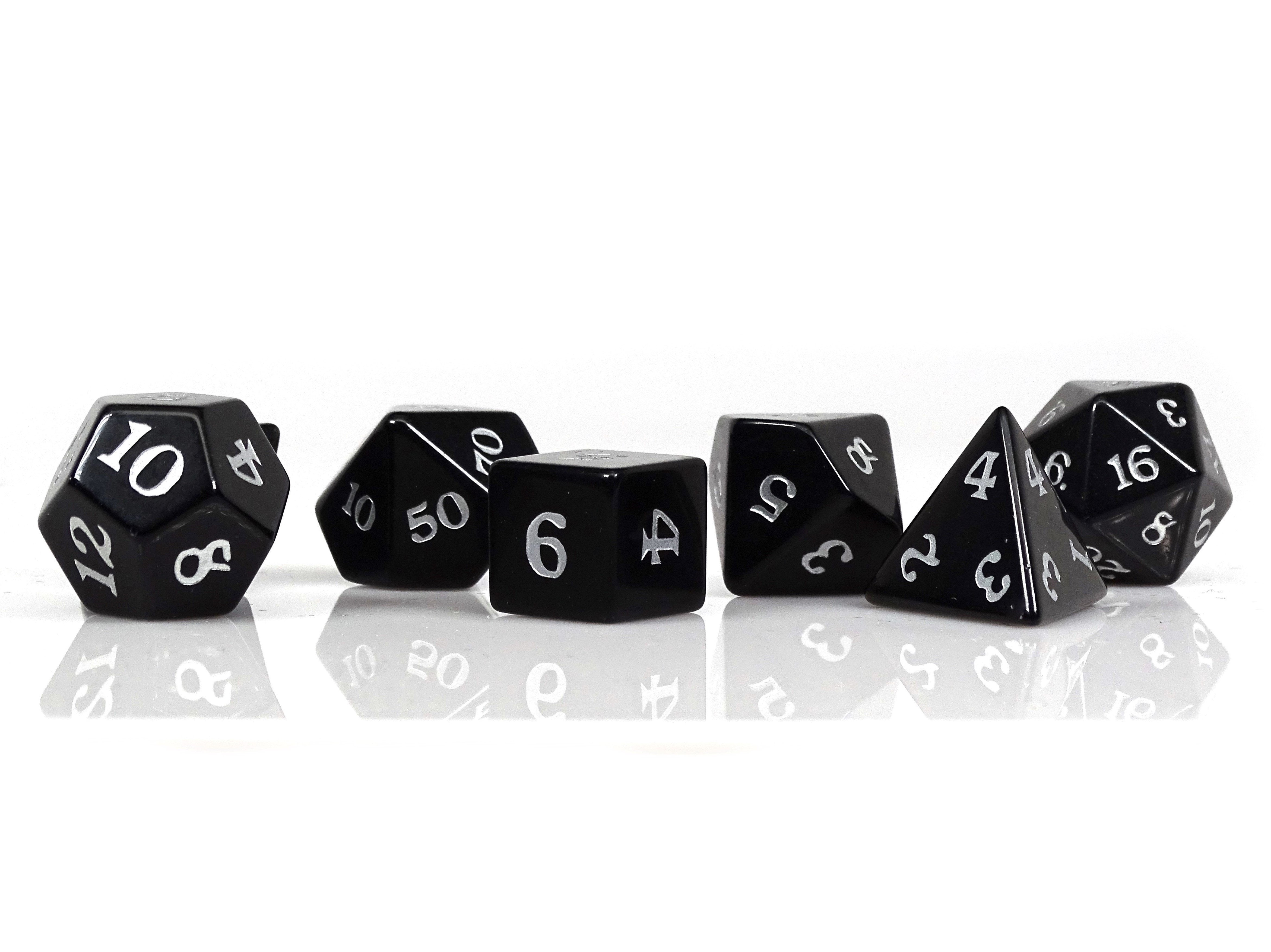 Black Obsidian Dice Set - Silver Signature Font - Bards & Cards