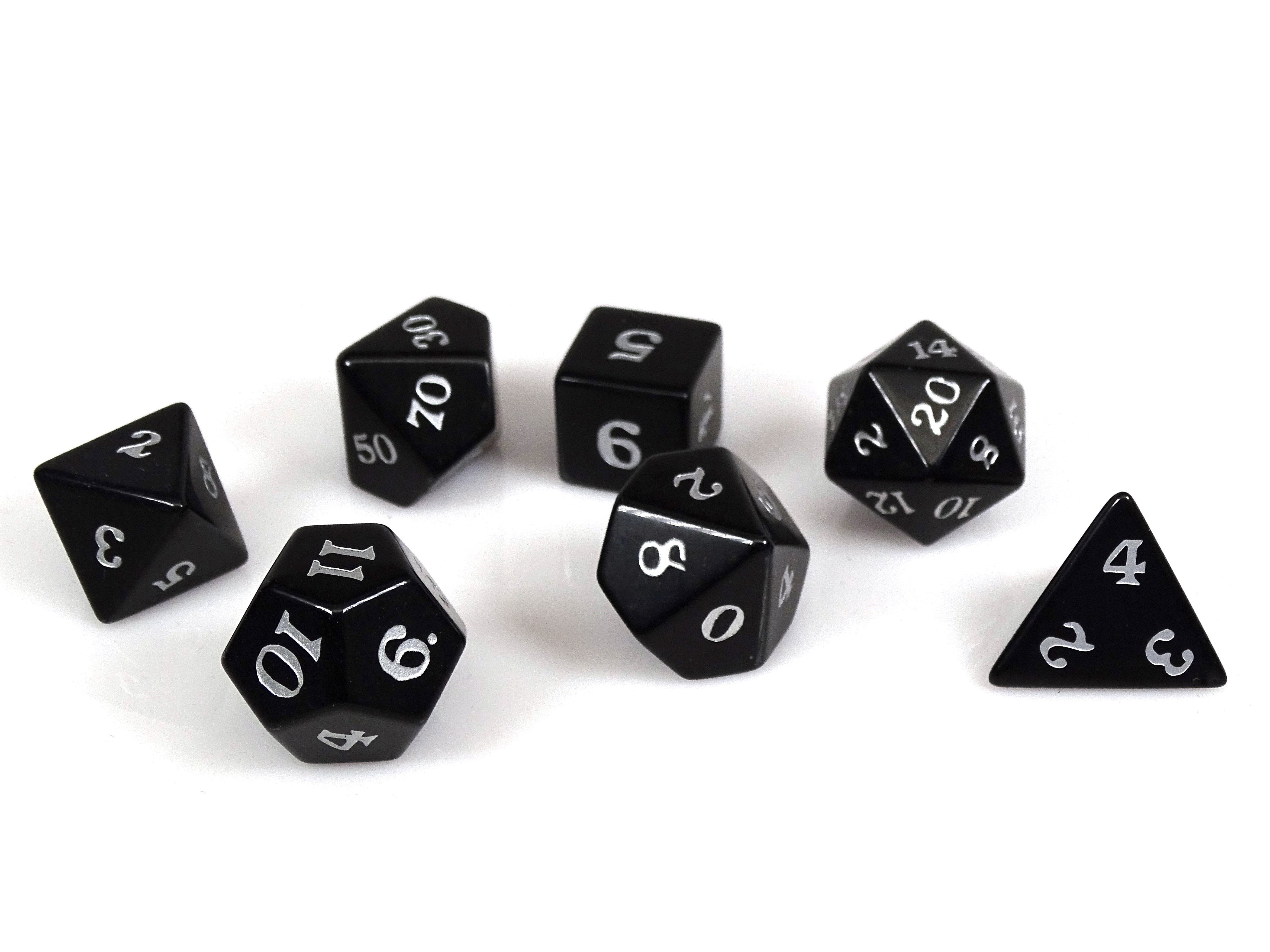 Black Obsidian Dice Set - Silver Signature Font - Bards & Cards