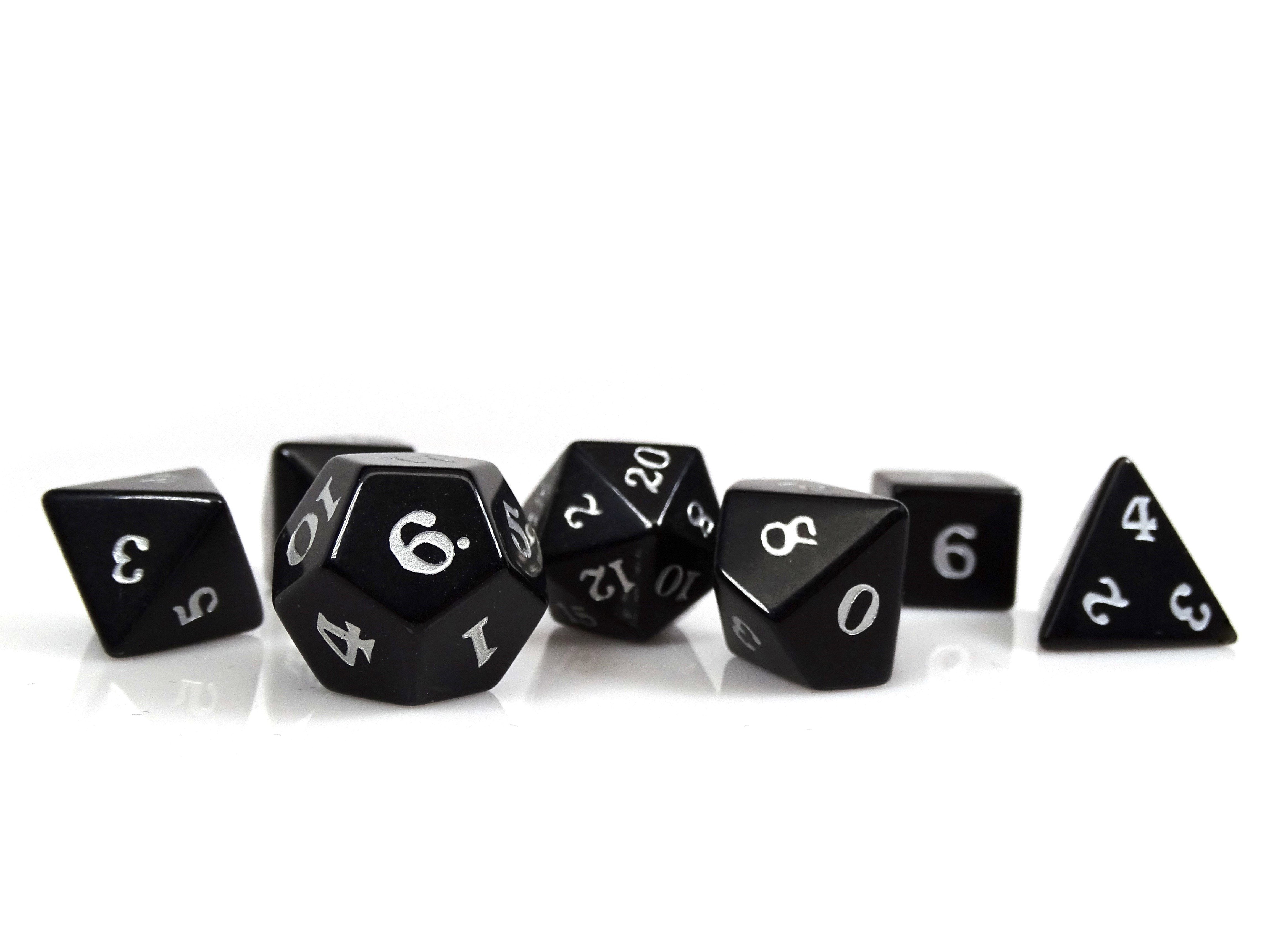 Black Obsidian Dice Set - Silver Signature Font - Bards & Cards