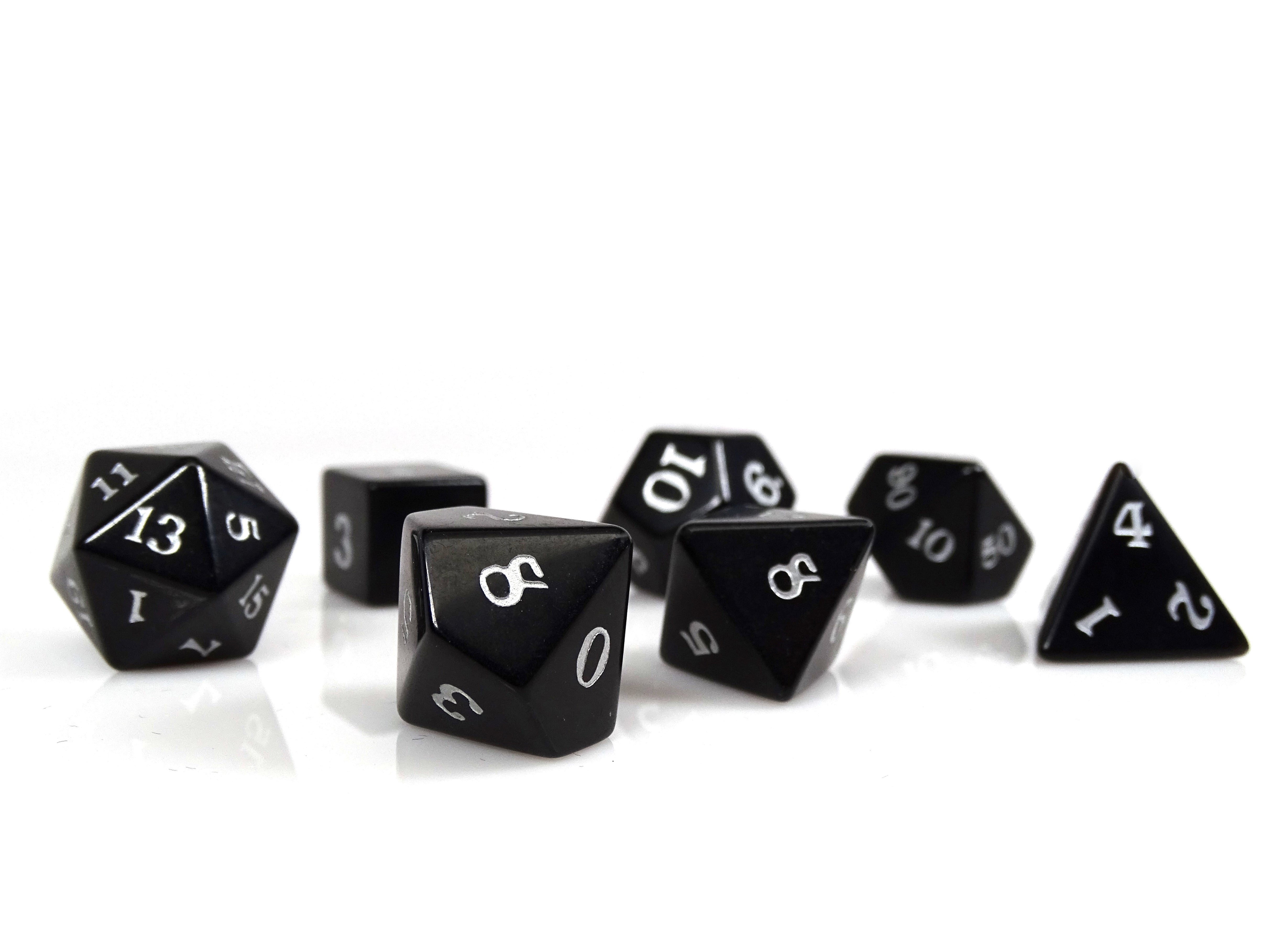 Black Obsidian Dice Set - Silver Signature Font - Bards & Cards