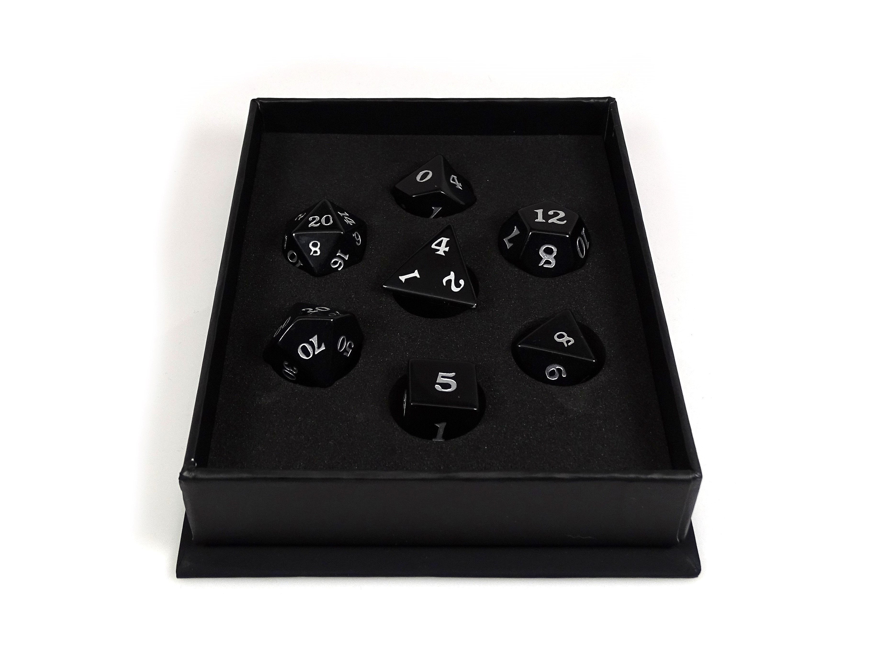 Black Obsidian Dice Set - Silver Signature Font - Bards & Cards