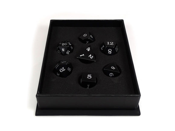 Black Obsidian Dice Set - Silver Signature Font - Bards & Cards