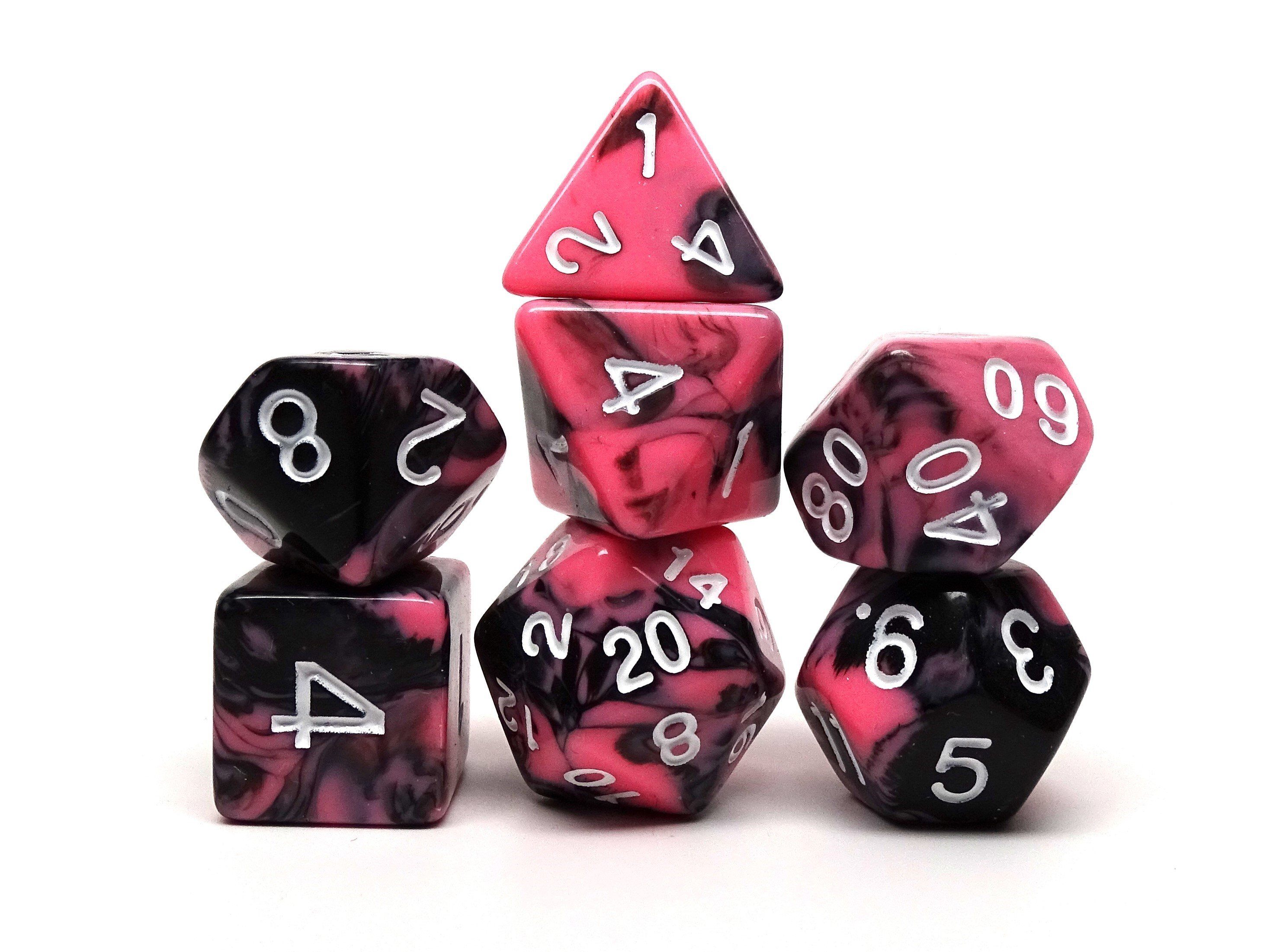 Pink and Black Marble Dice Collection - 7 Piece Set - Bards & Cards