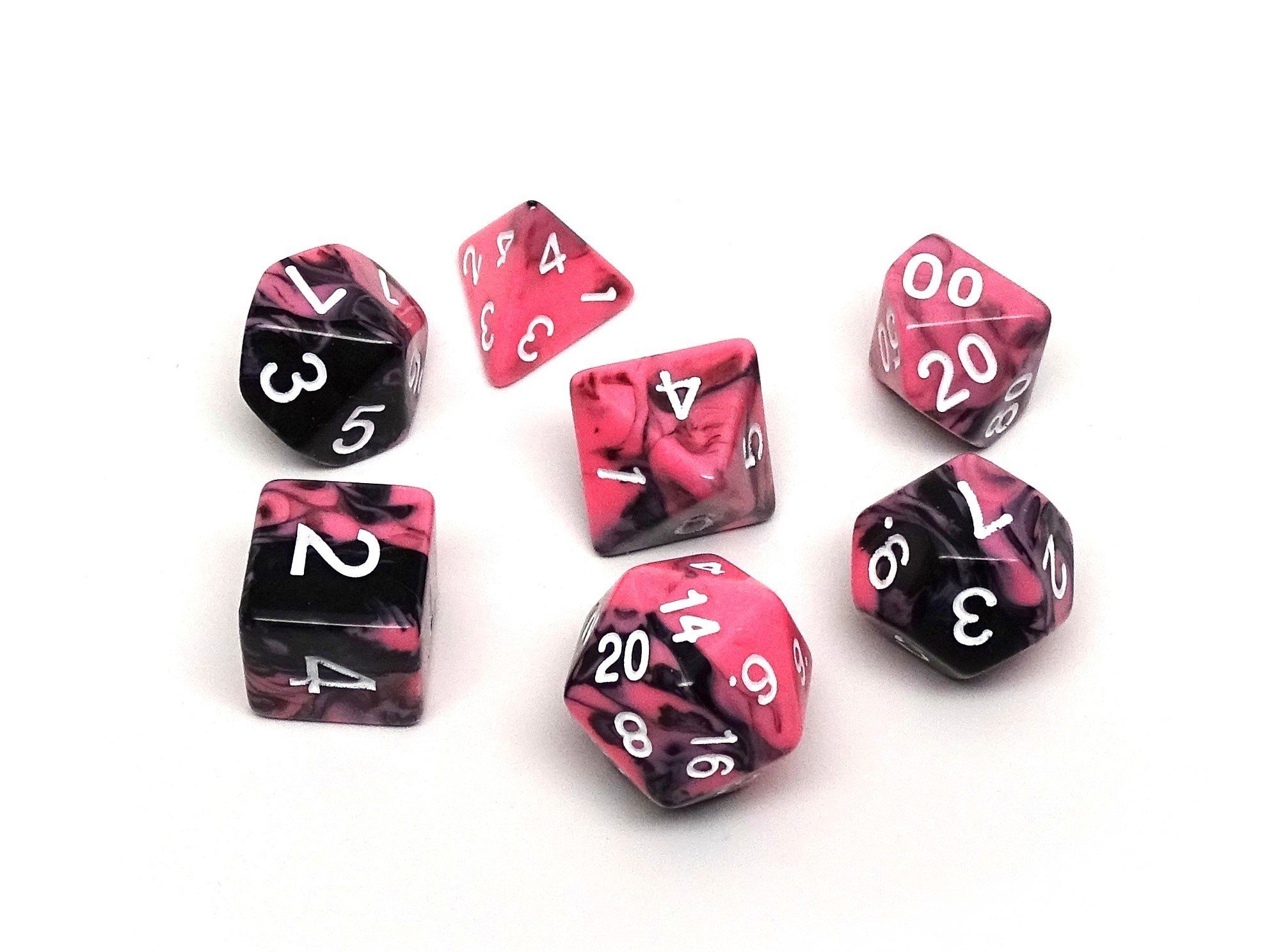 Pink and Black Marble Dice Collection - 7 Piece Set - Bards & Cards