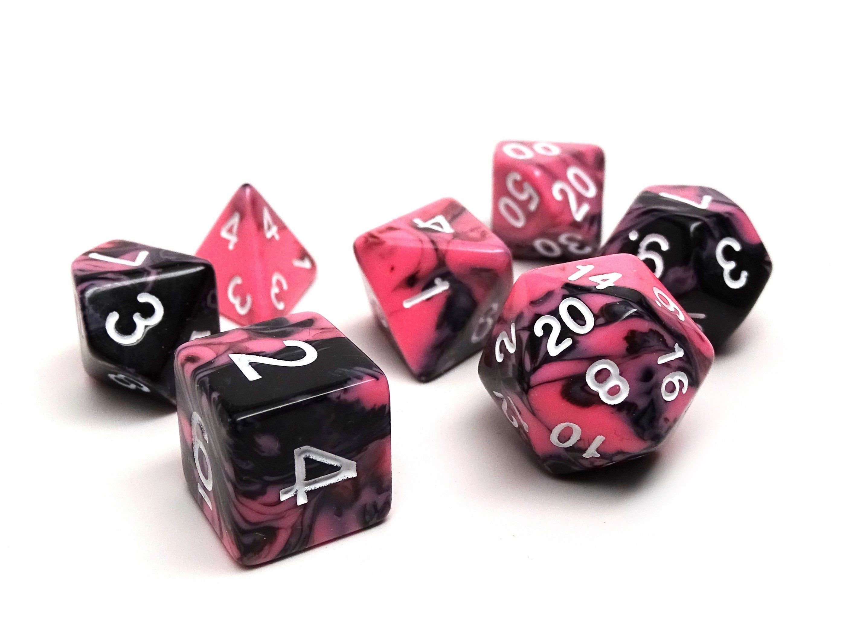 Pink and Black Marble Dice Collection - 7 Piece Set - Bards & Cards