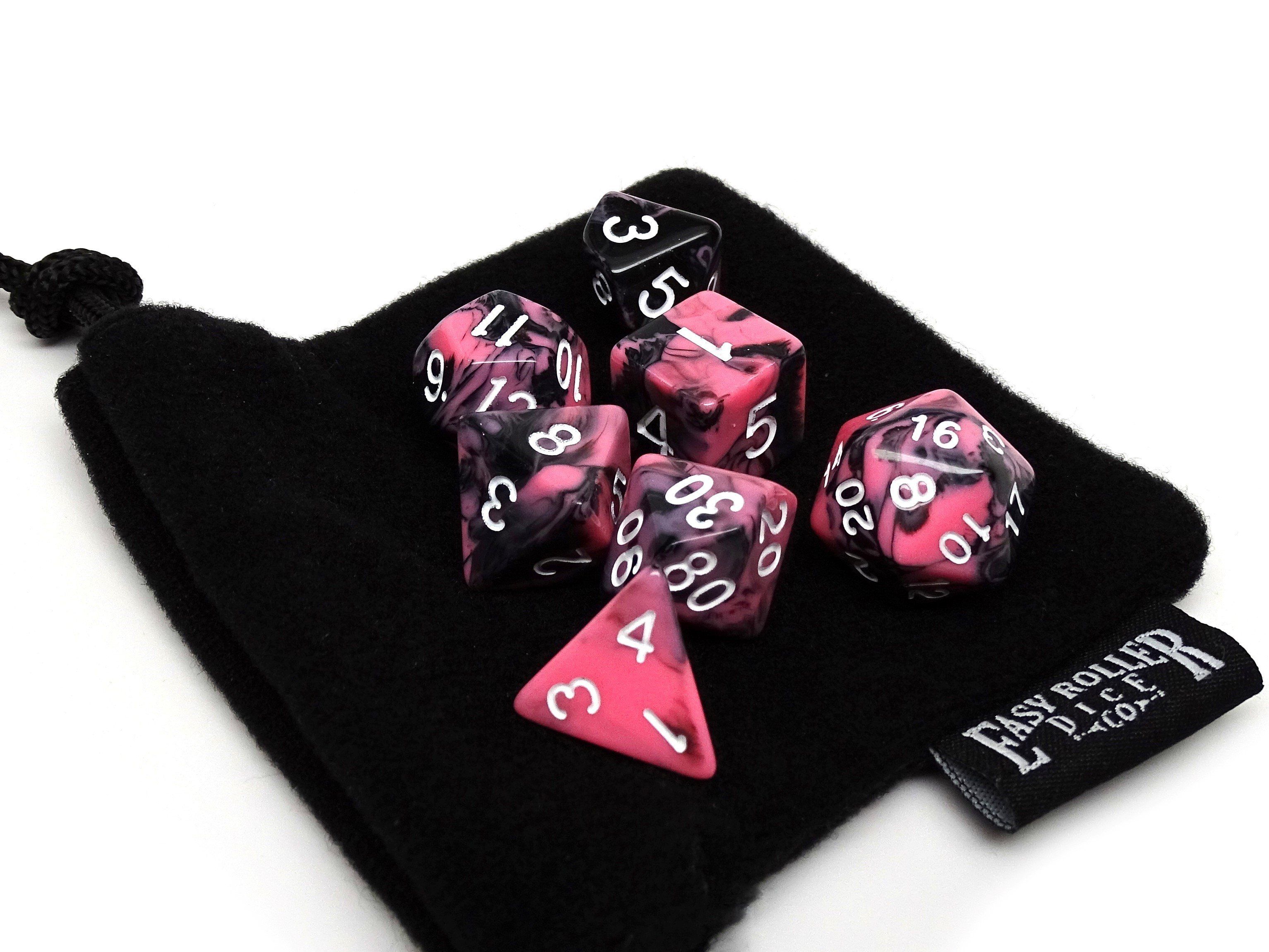 Pink and Black Marble Dice Collection - 7 Piece Set - Bards & Cards