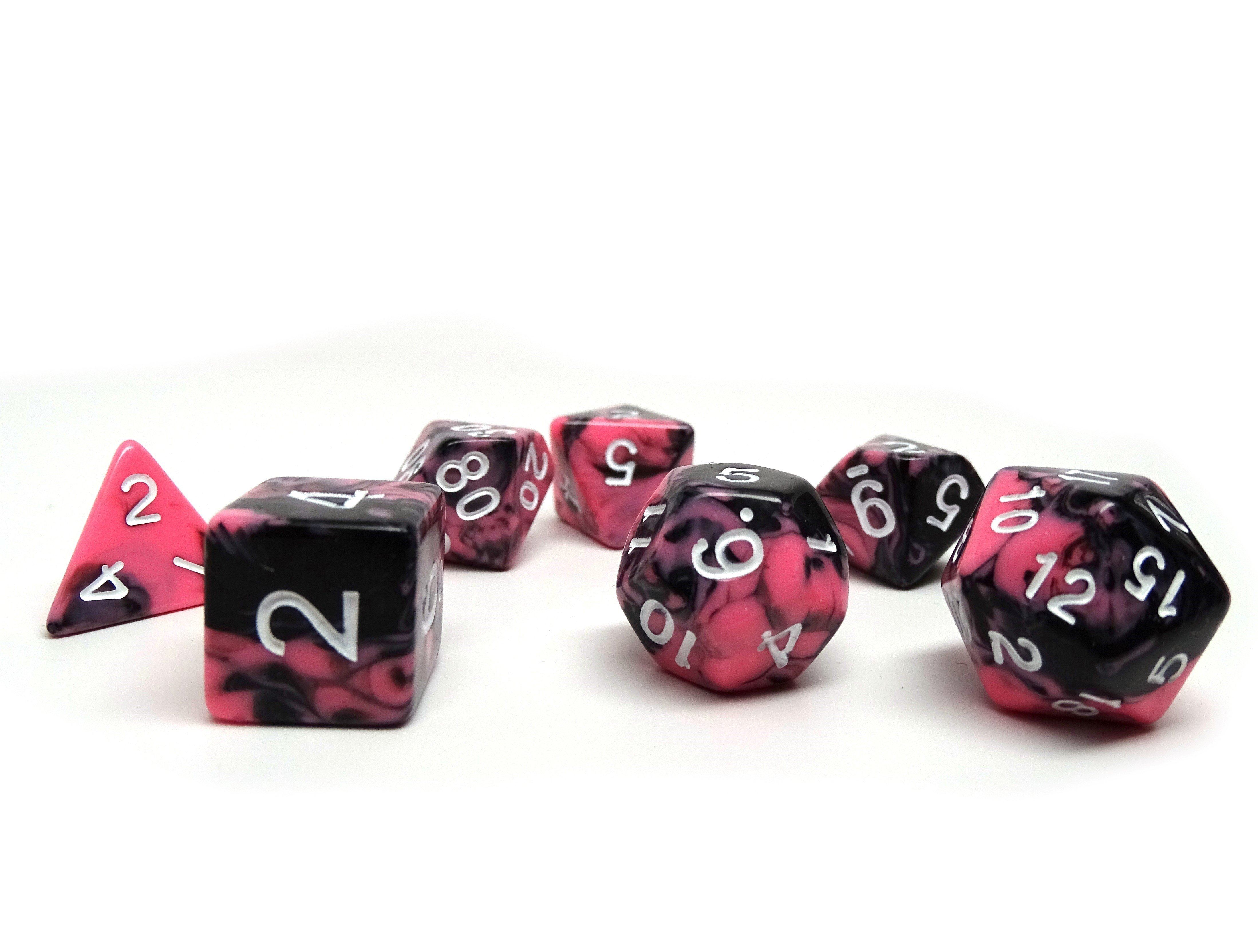 Pink and Black Marble Dice Collection - 7 Piece Set - Bards & Cards