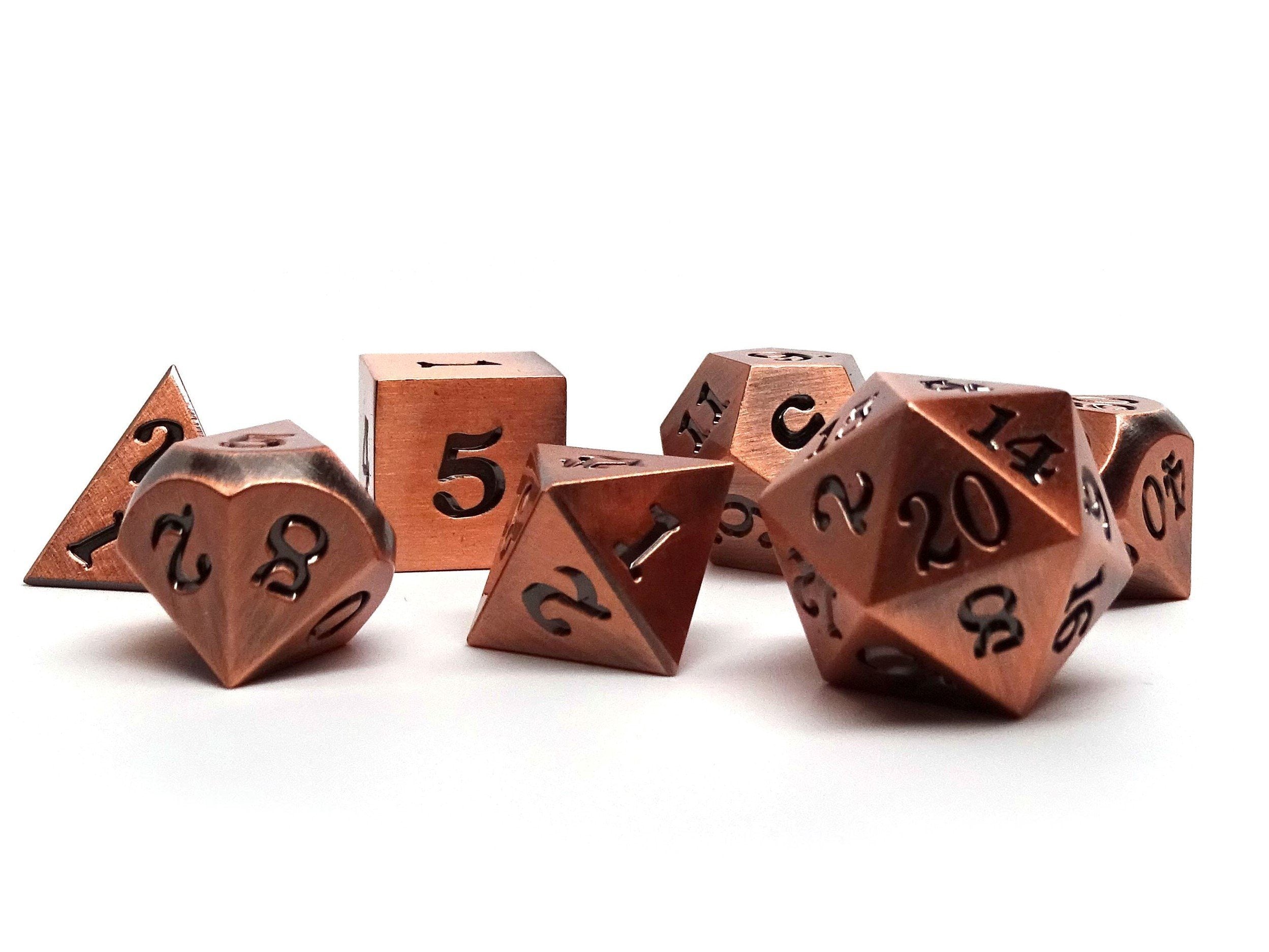 Legendary Copper 7 Piece Metal Dice Set - Black Signature Font - Bards & Cards