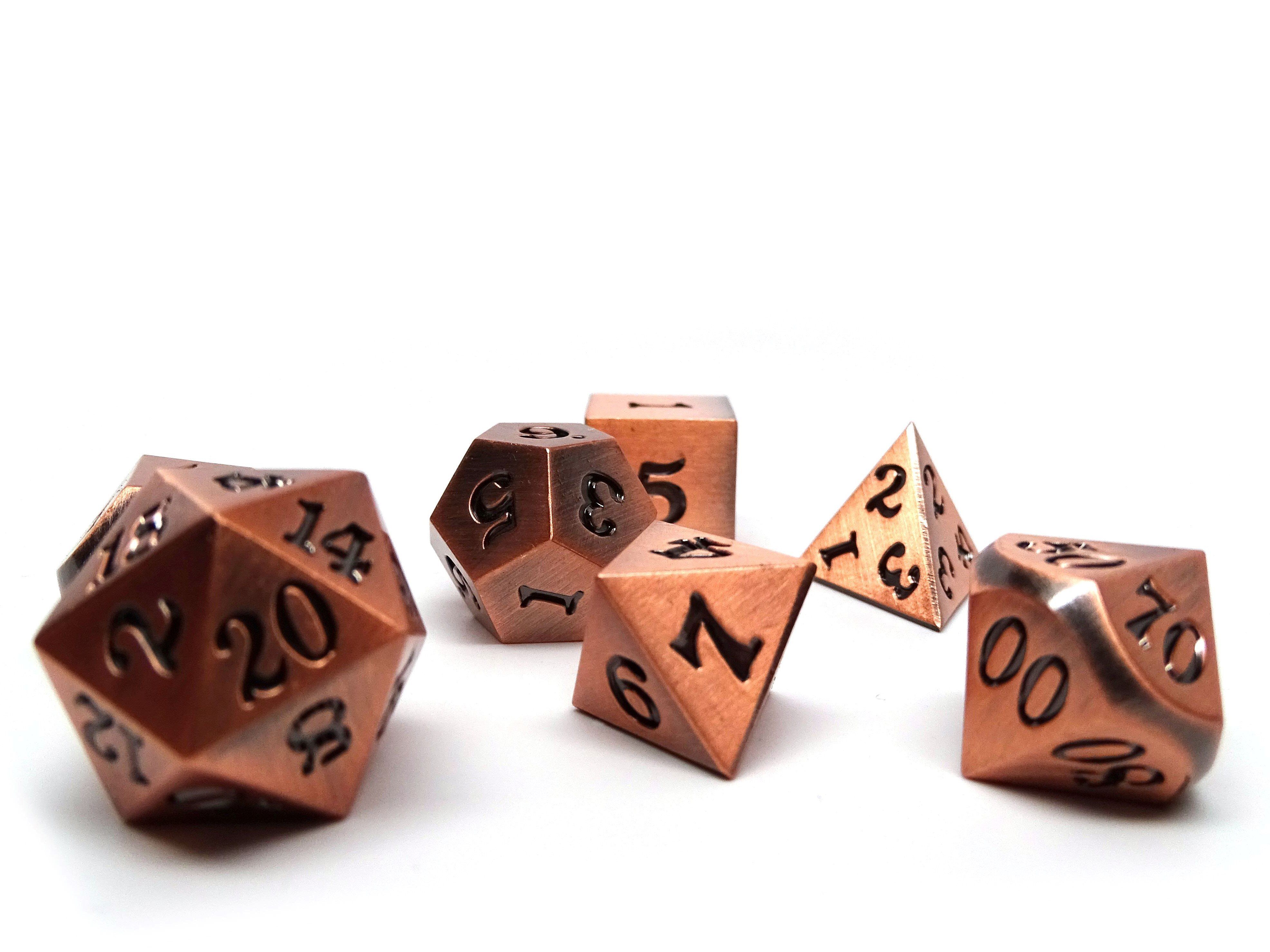 Legendary Copper 7 Piece Metal Dice Set - Black Signature Font - Bards & Cards