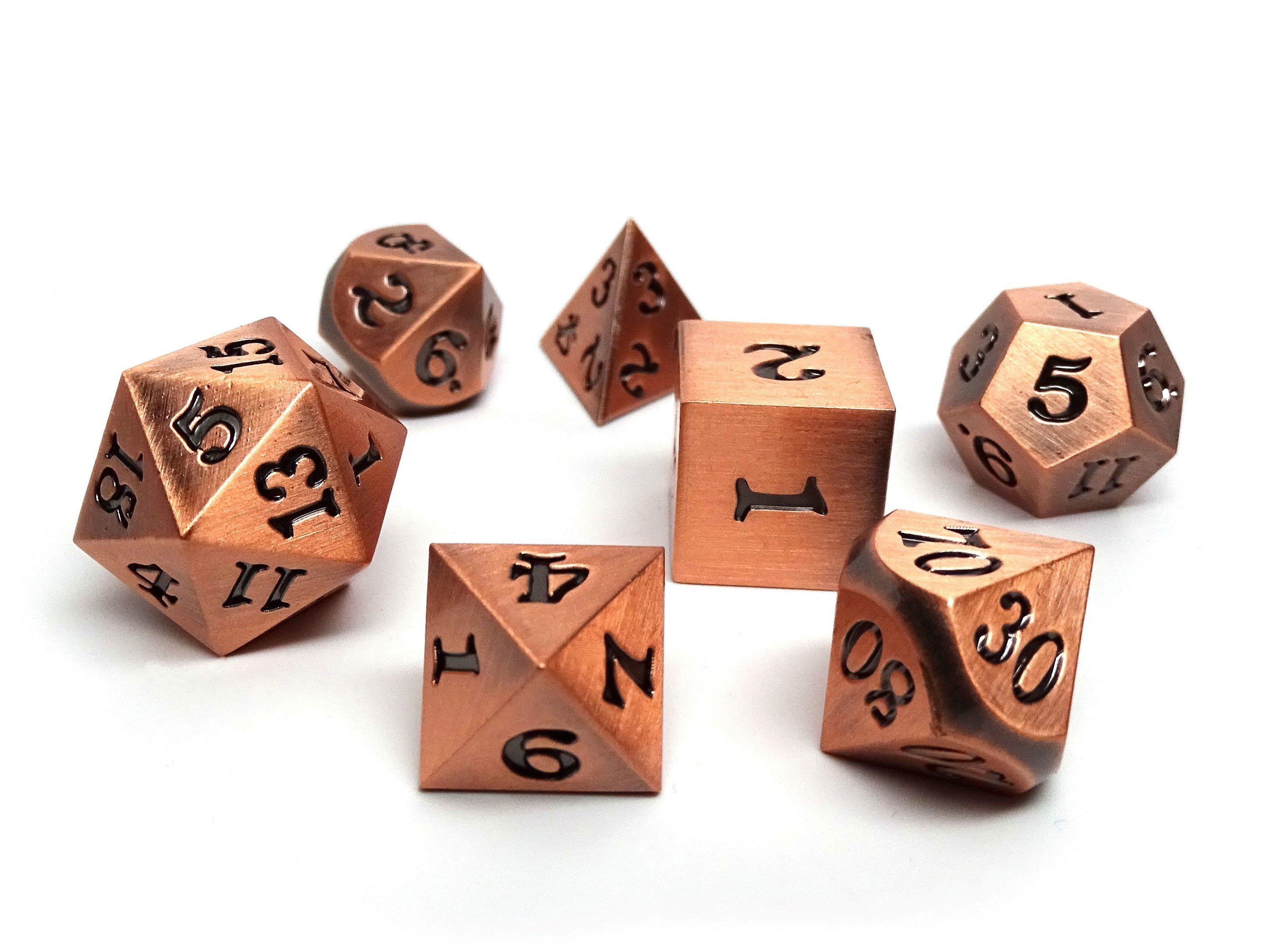 Legendary Copper 7 Piece Metal Dice Set - Black Signature Font - Bards & Cards