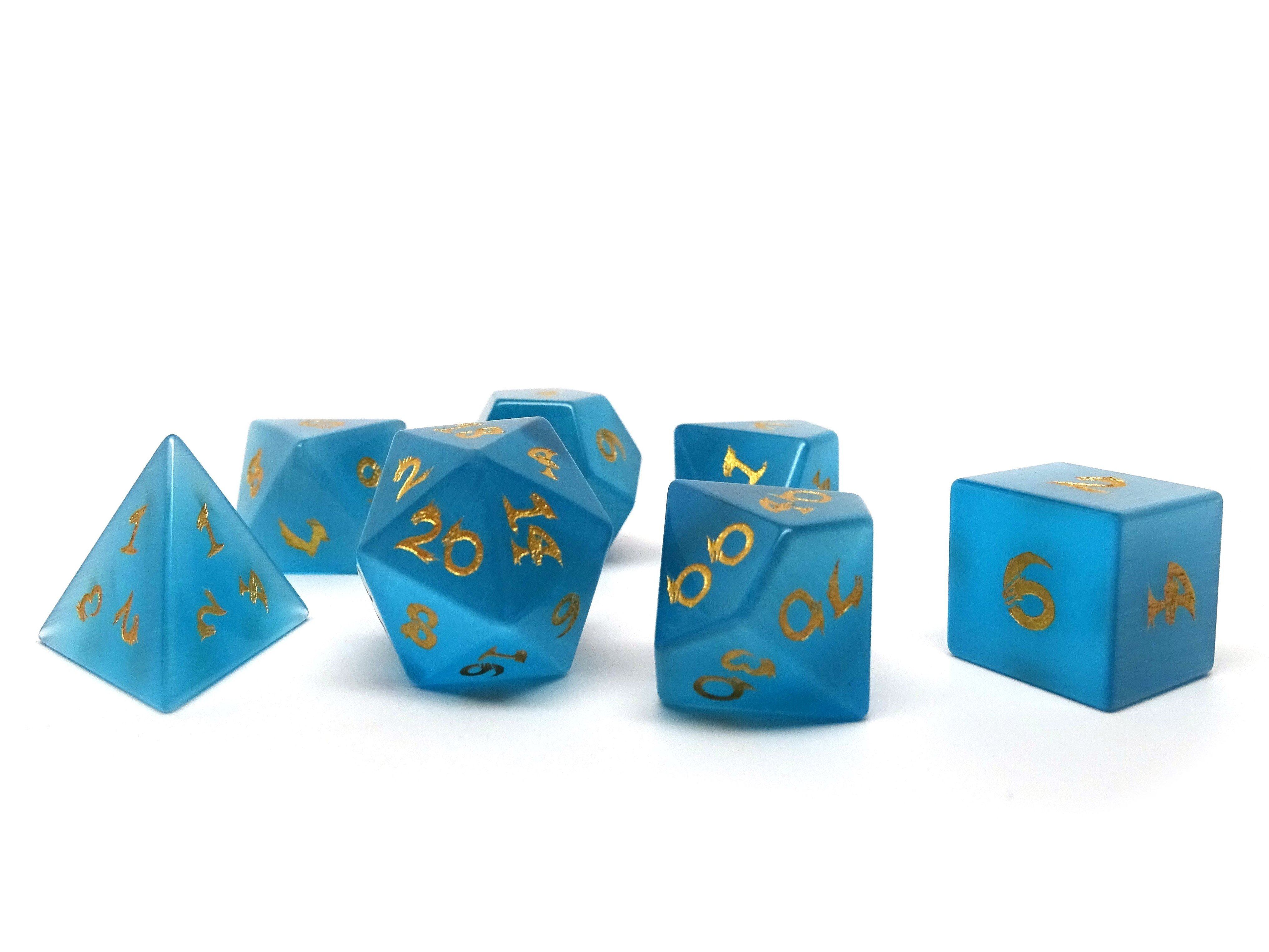 Blue Cat's Eye Dice Set With Dragon Font - Bards & Cards