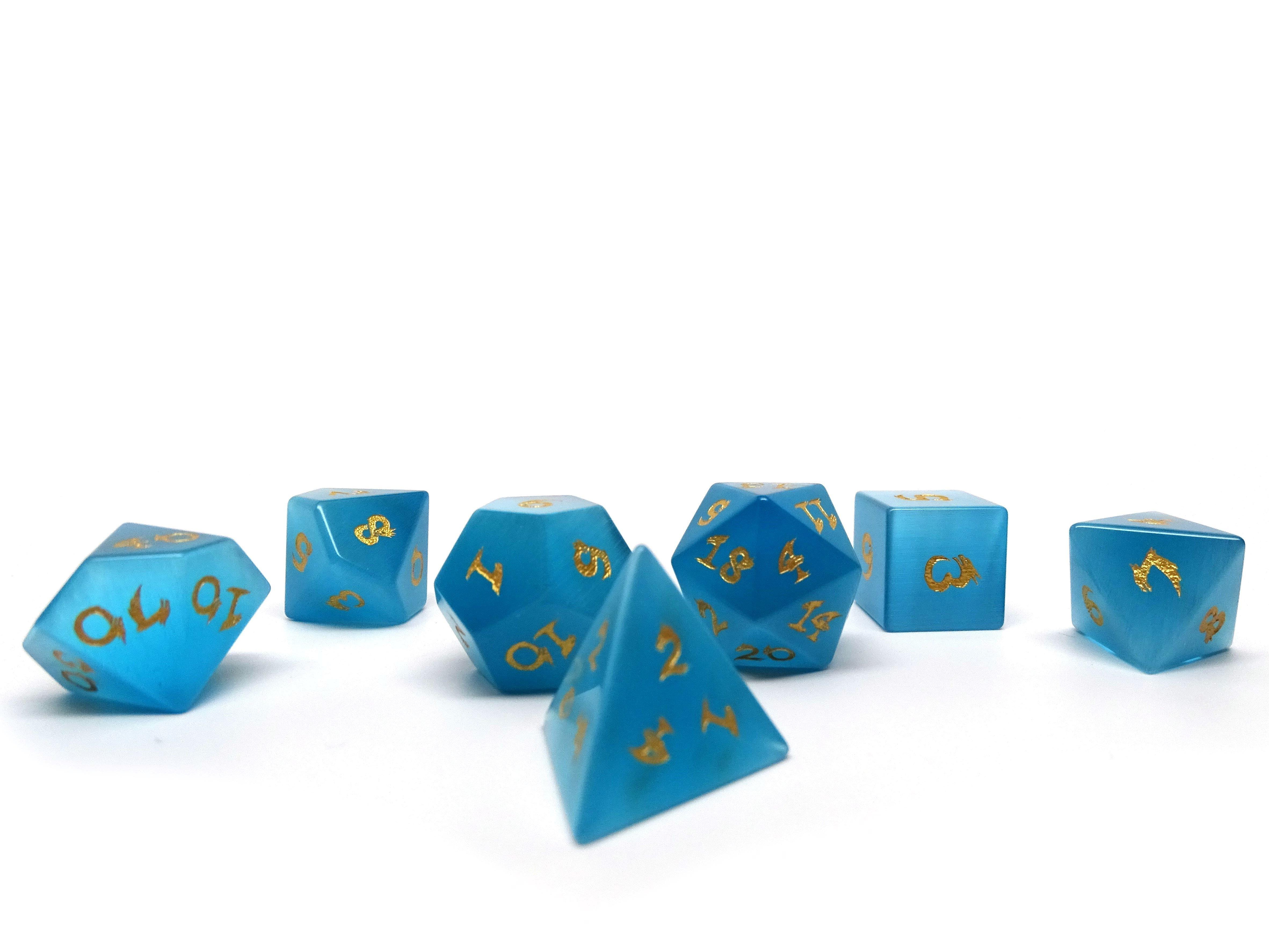 Blue Cat's Eye Dice Set With Dragon Font - Bards & Cards