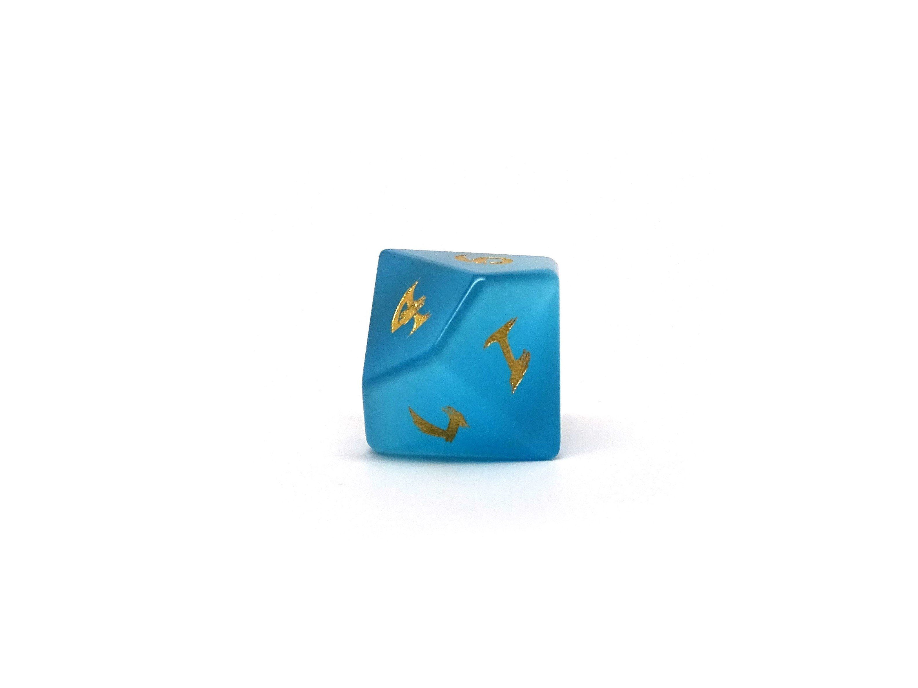 Blue Cat's Eye Dice Set With Dragon Font - Bards & Cards