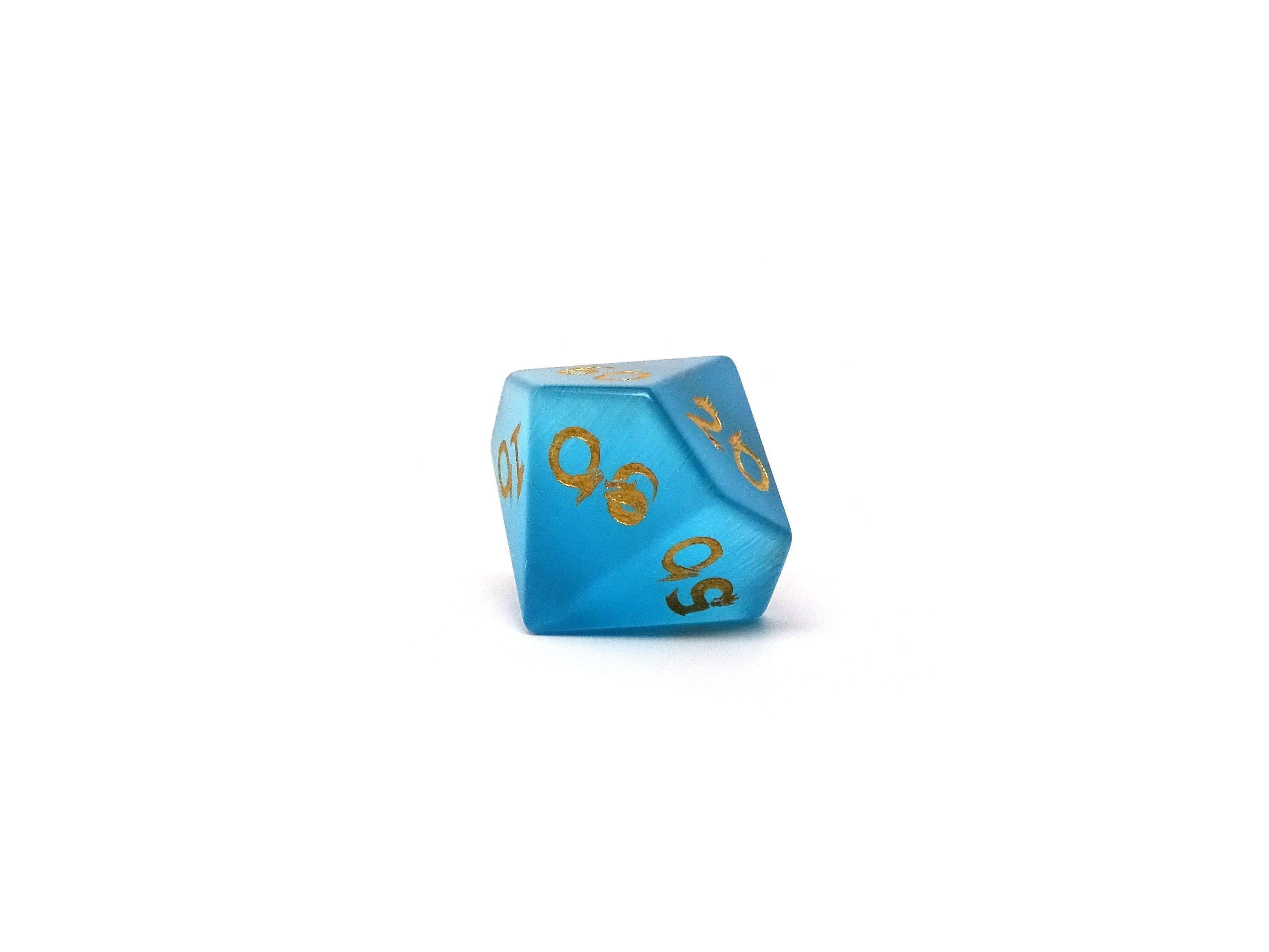 Blue Cat's Eye Dice Set With Dragon Font - Bards & Cards