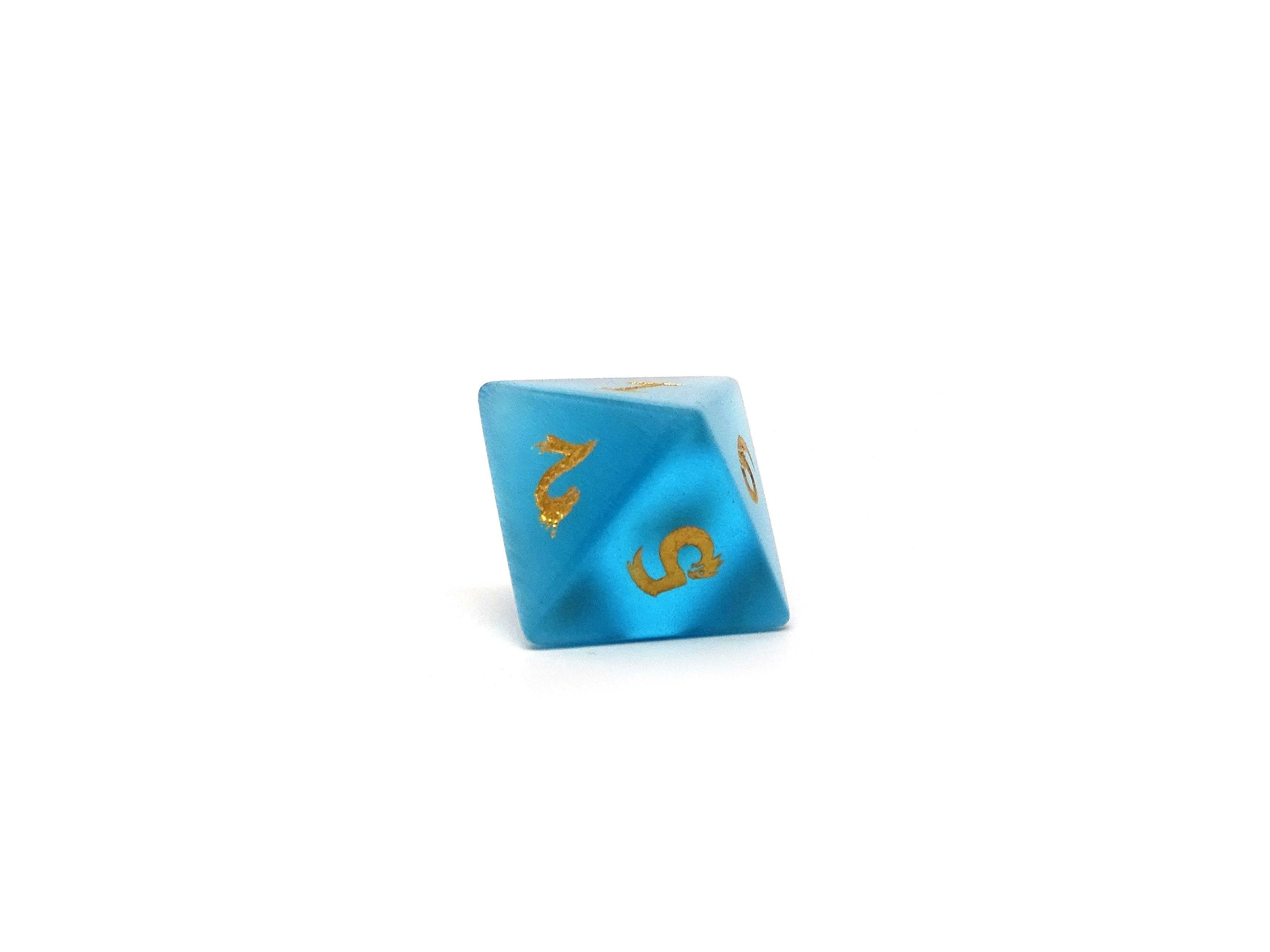 Blue Cat's Eye Dice Set With Dragon Font - Bards & Cards