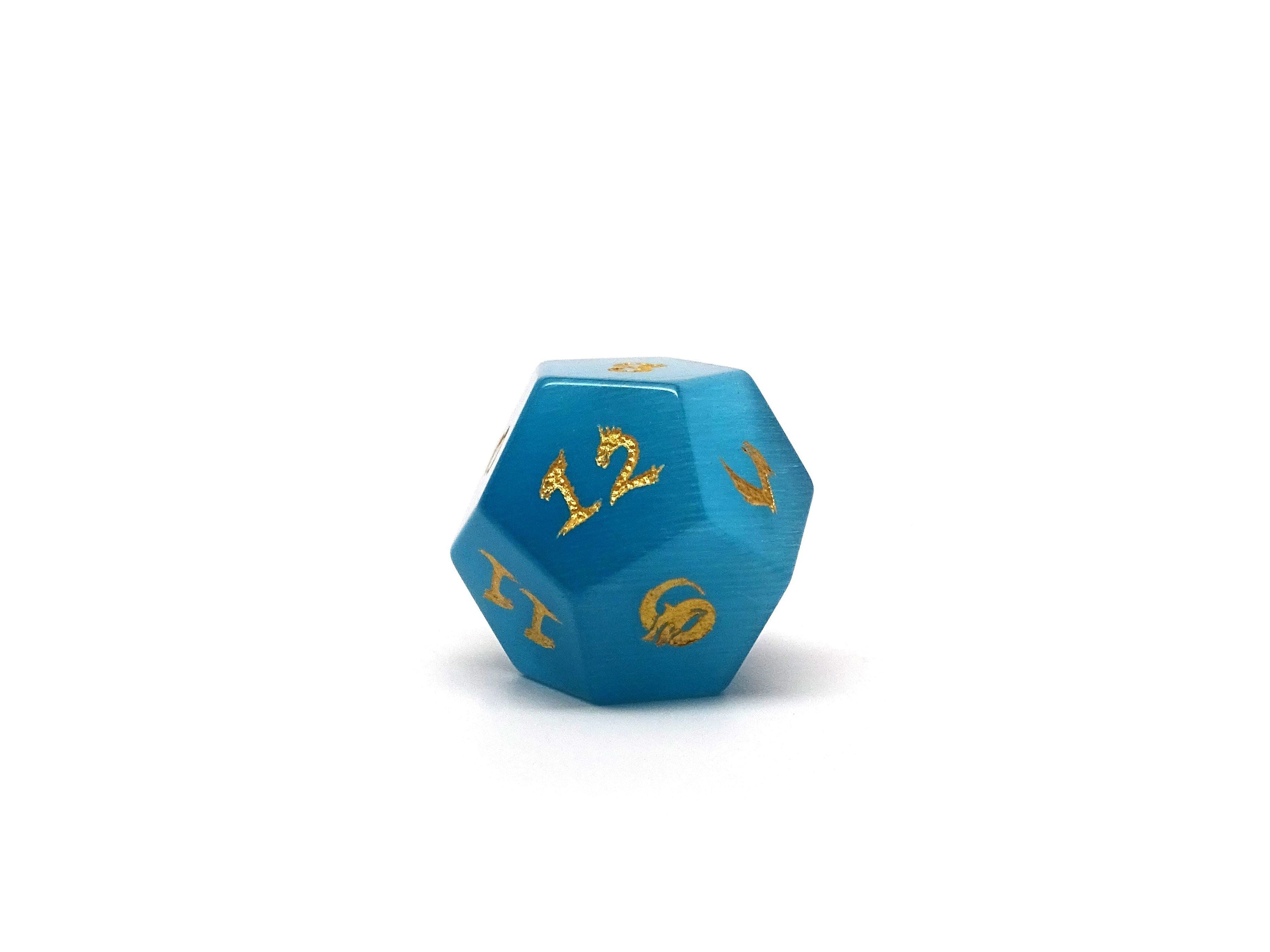 Blue Cat's Eye Dice Set With Dragon Font - Bards & Cards