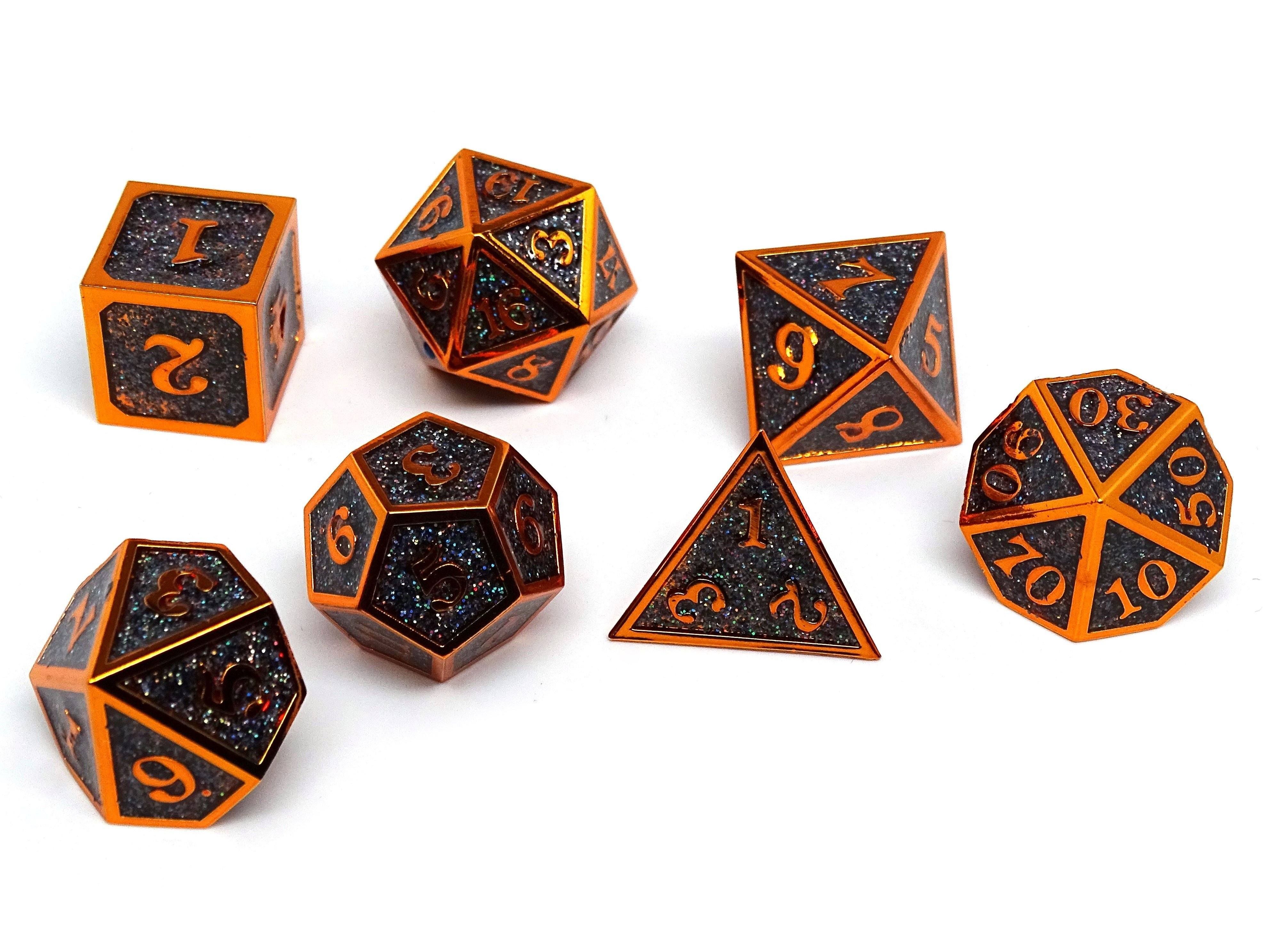 Heroic Dice of Metallic Luster - Black with Orange Font - Bards & Cards