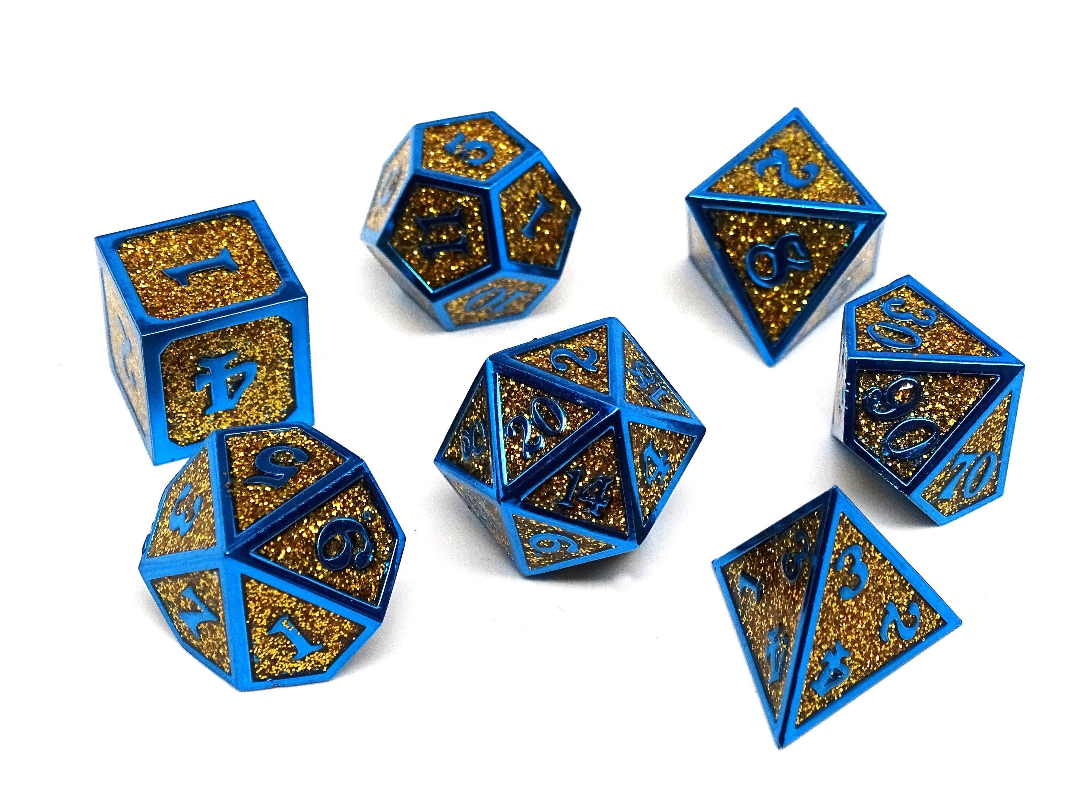 Heroic Dice of Metallic Luster - Gold with Blue Font - Bards & Cards