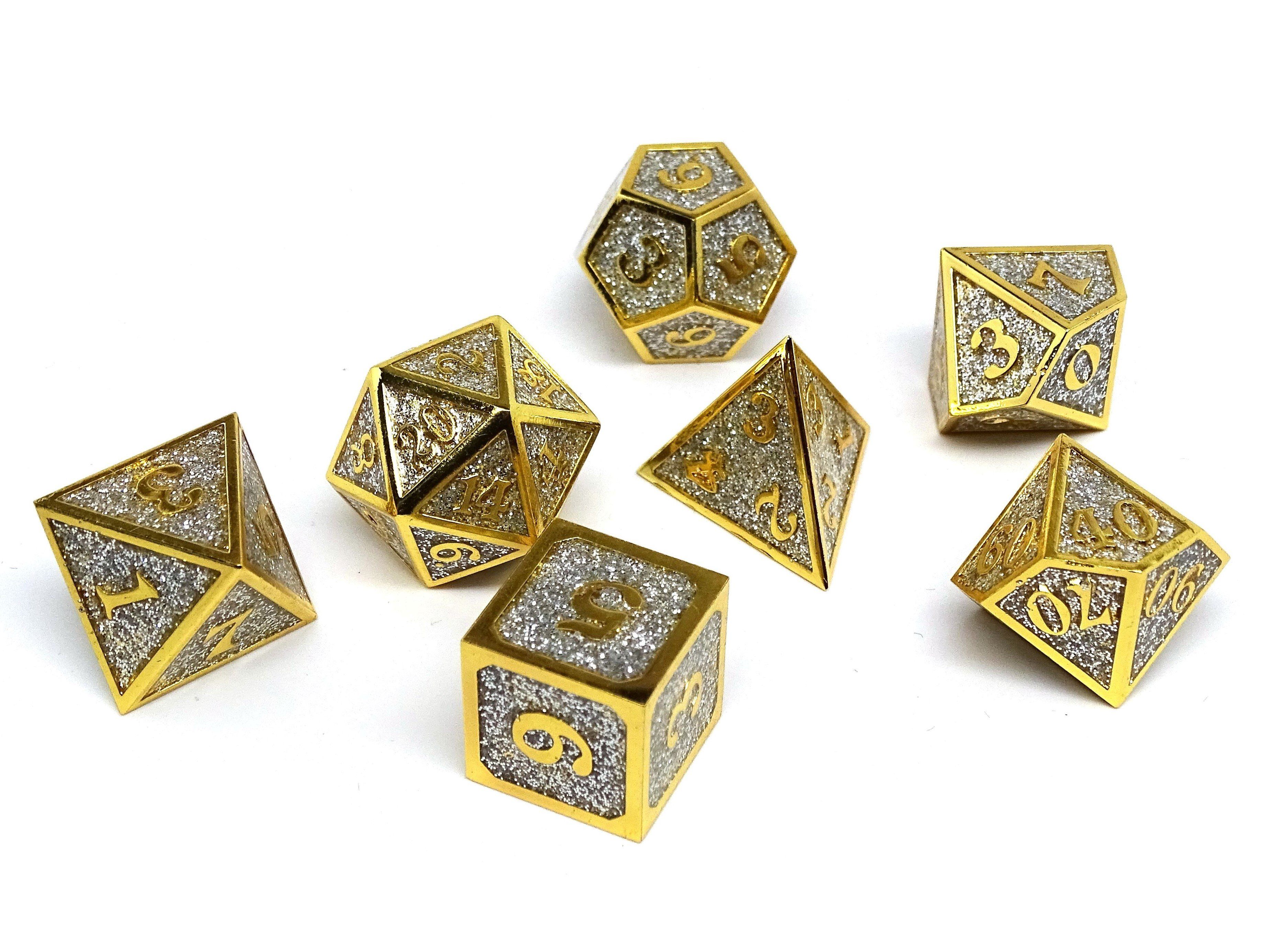 Heroic Dice of Metallic Luster - Silver with Gold Font - Bards & Cards