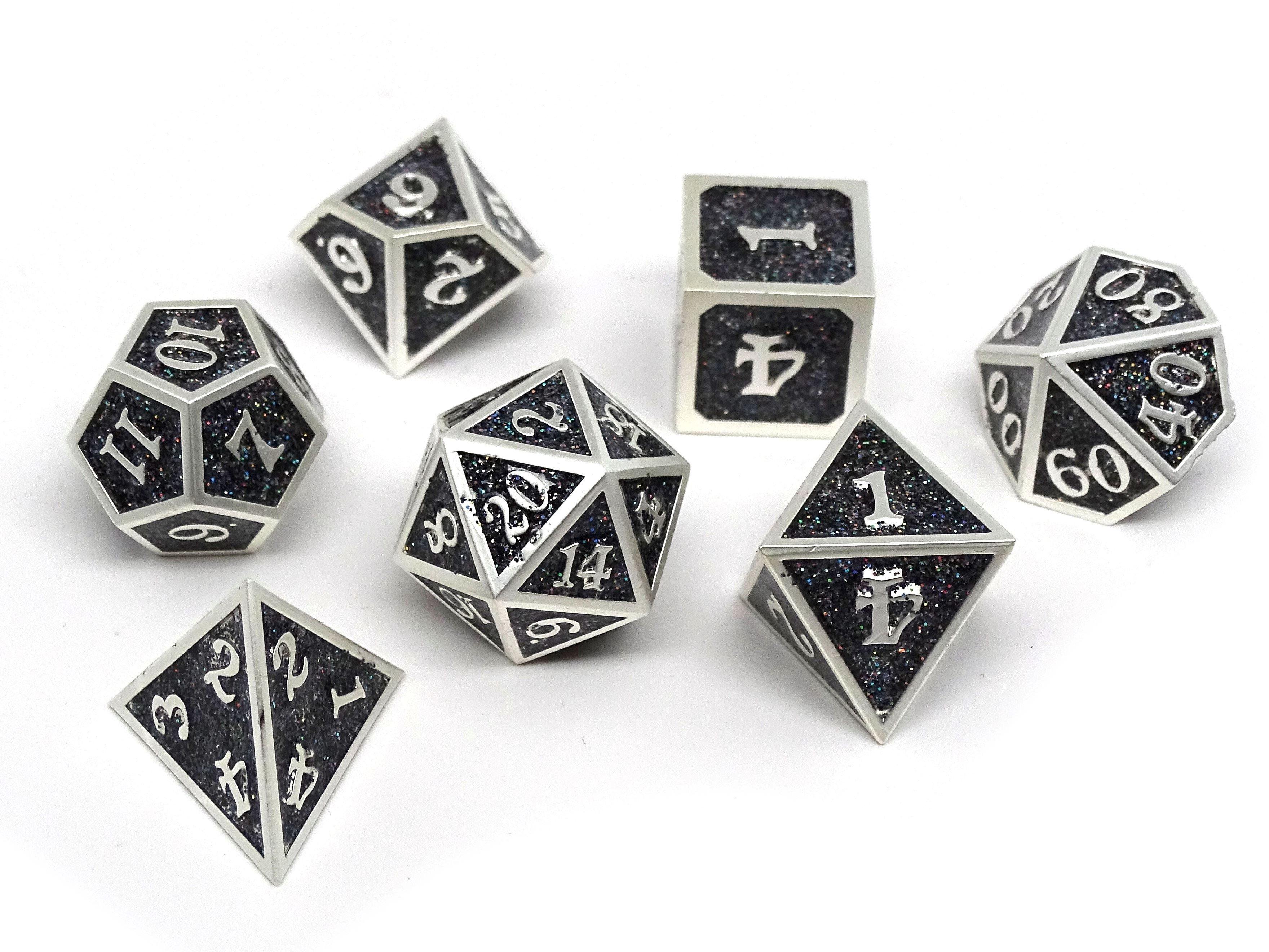 Heroic Dice of Metallic Luster -  Black with Silver Font - Bards & Cards