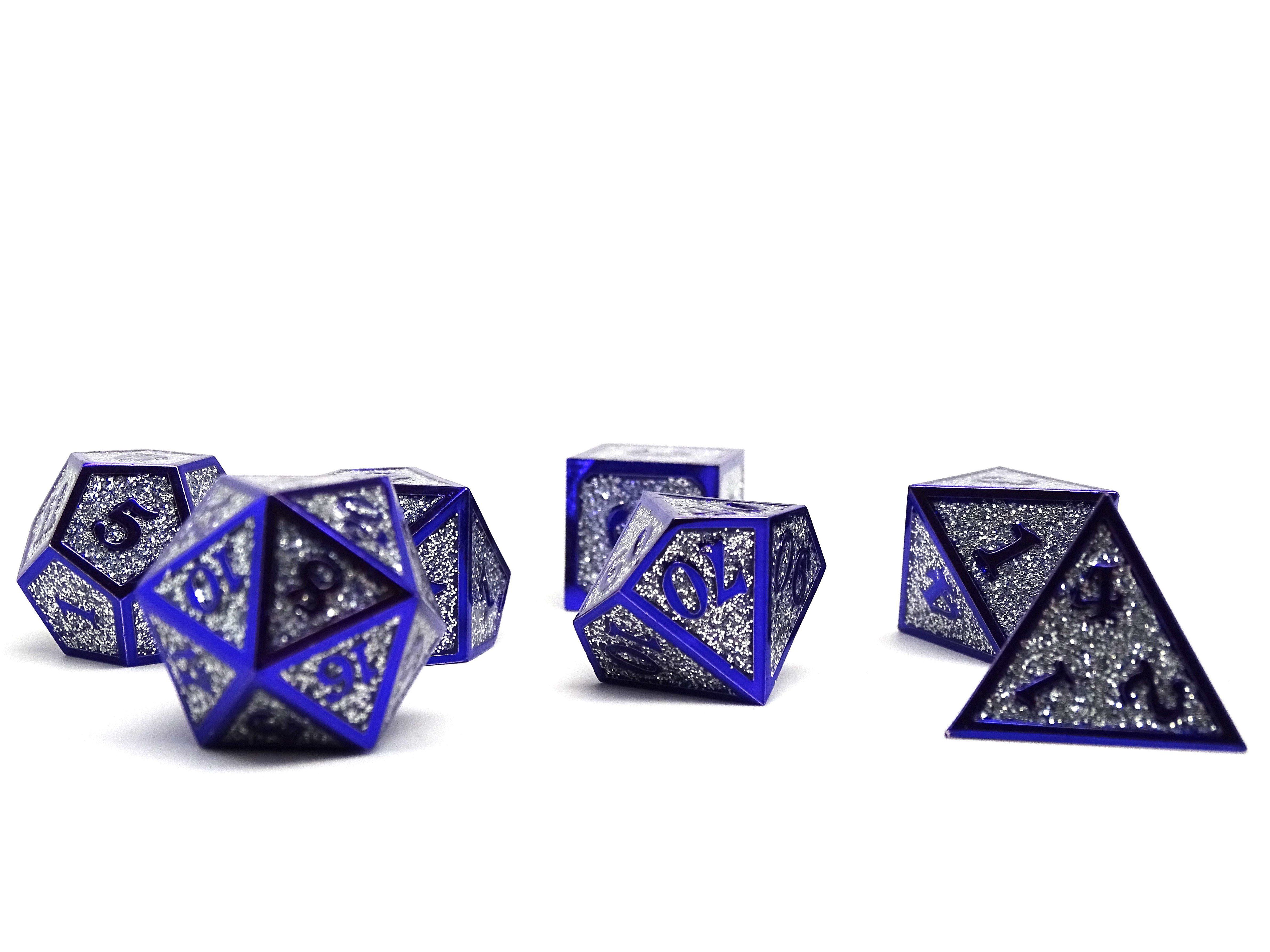 Heroic Dice of Metallic Luster - Silver with Purple Font - Bards & Cards