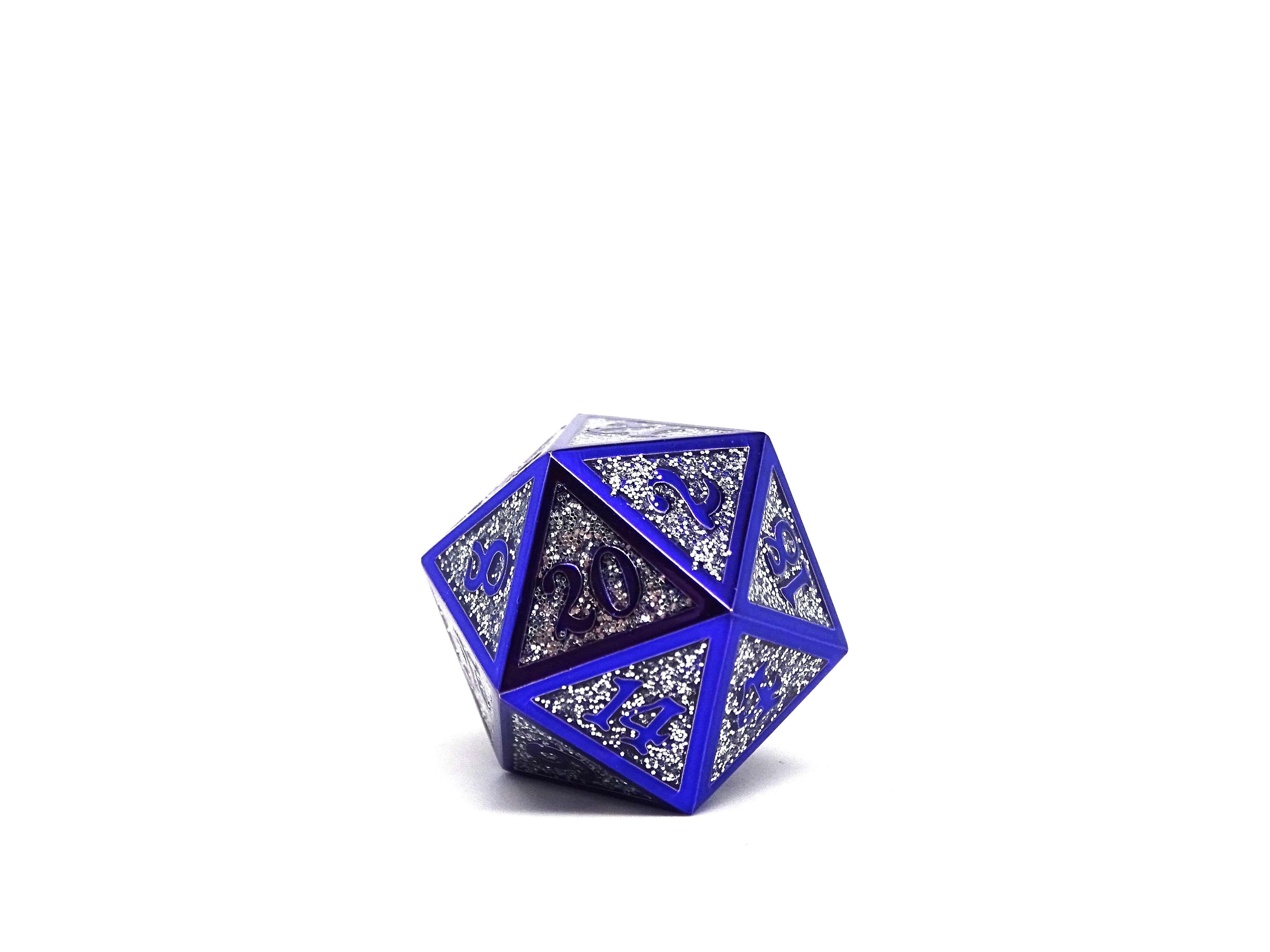 Heroic Dice of Metallic Luster - Single D20 Dice - Silver with Purple Font - Bards & Cards