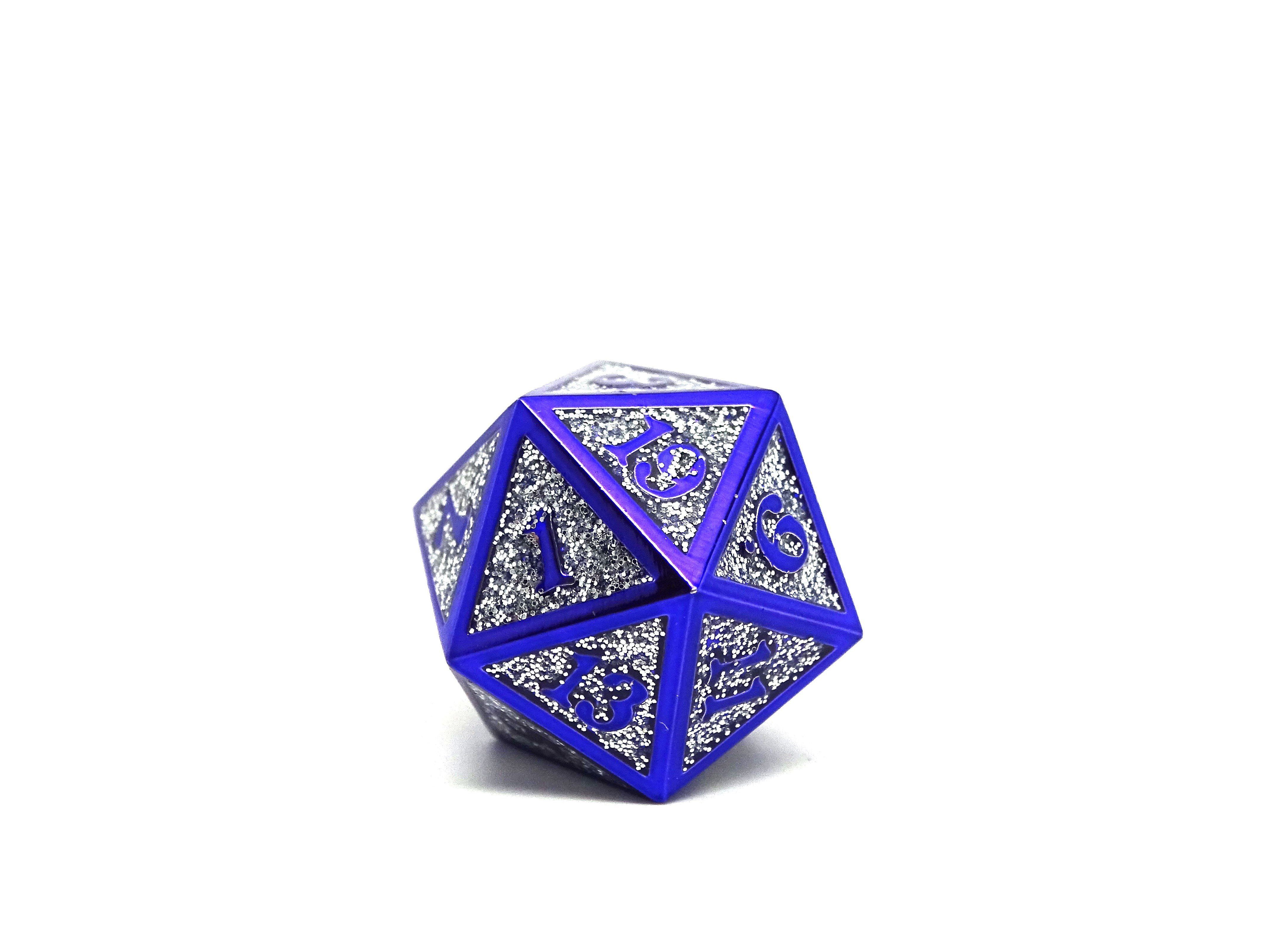 Heroic Dice of Metallic Luster - Single D20 Dice - Silver with Purple Font - Bards & Cards