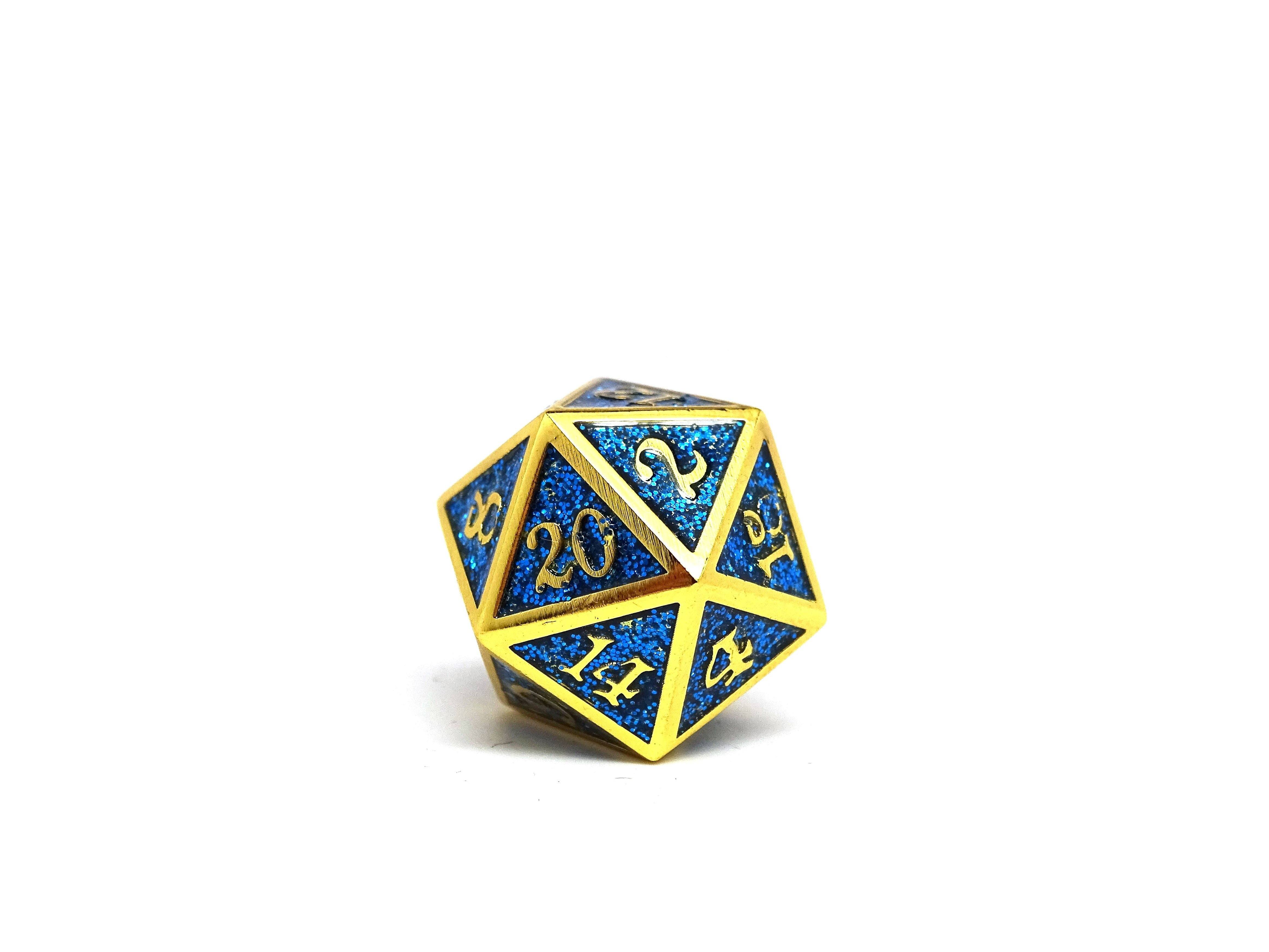 Heroic Dice of Metallic Luster - Single D20 Dice - Blue with Gold Font - Bards & Cards