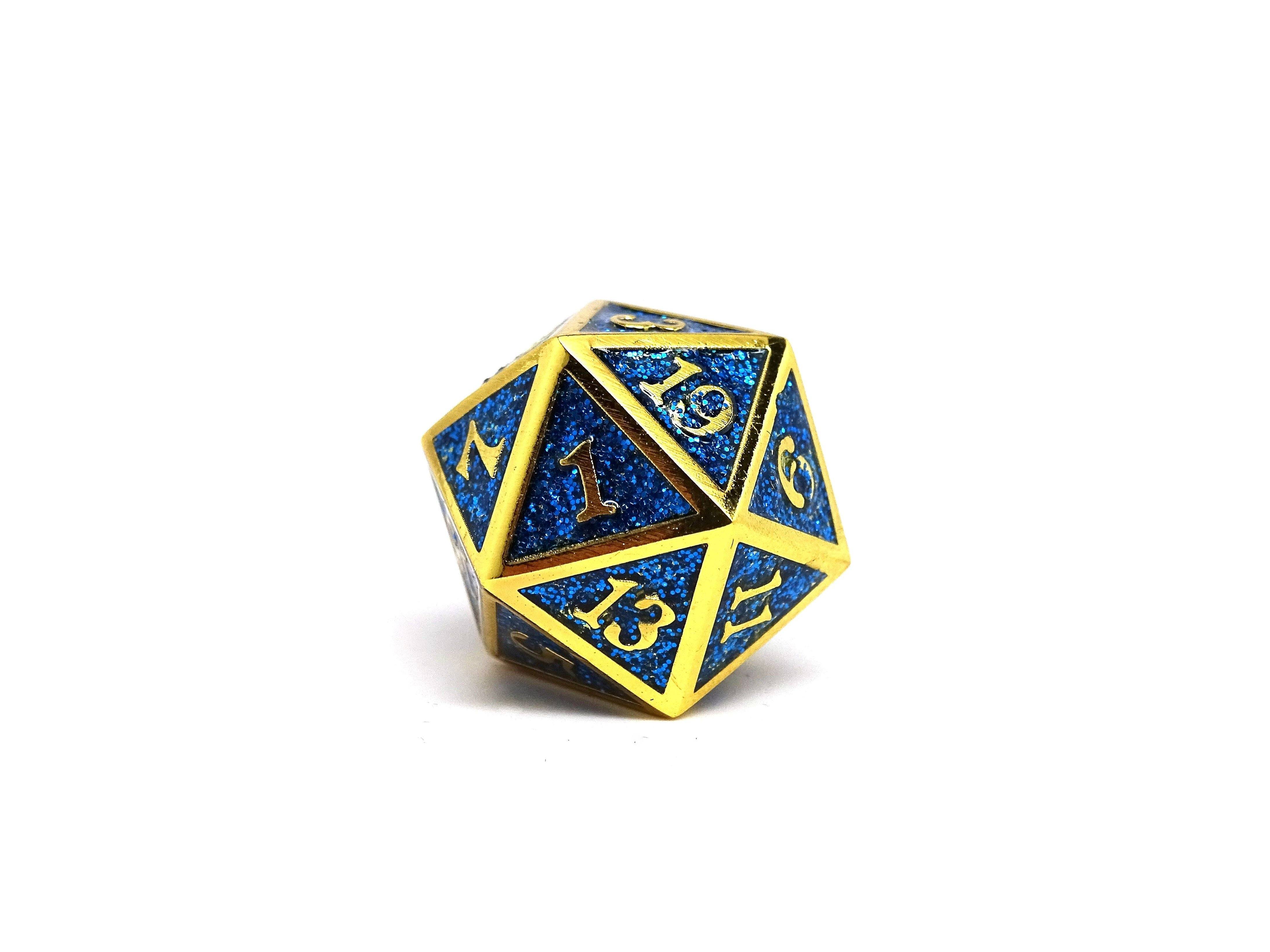 Heroic Dice of Metallic Luster - Single D20 Dice - Blue with Gold Font - Bards & Cards