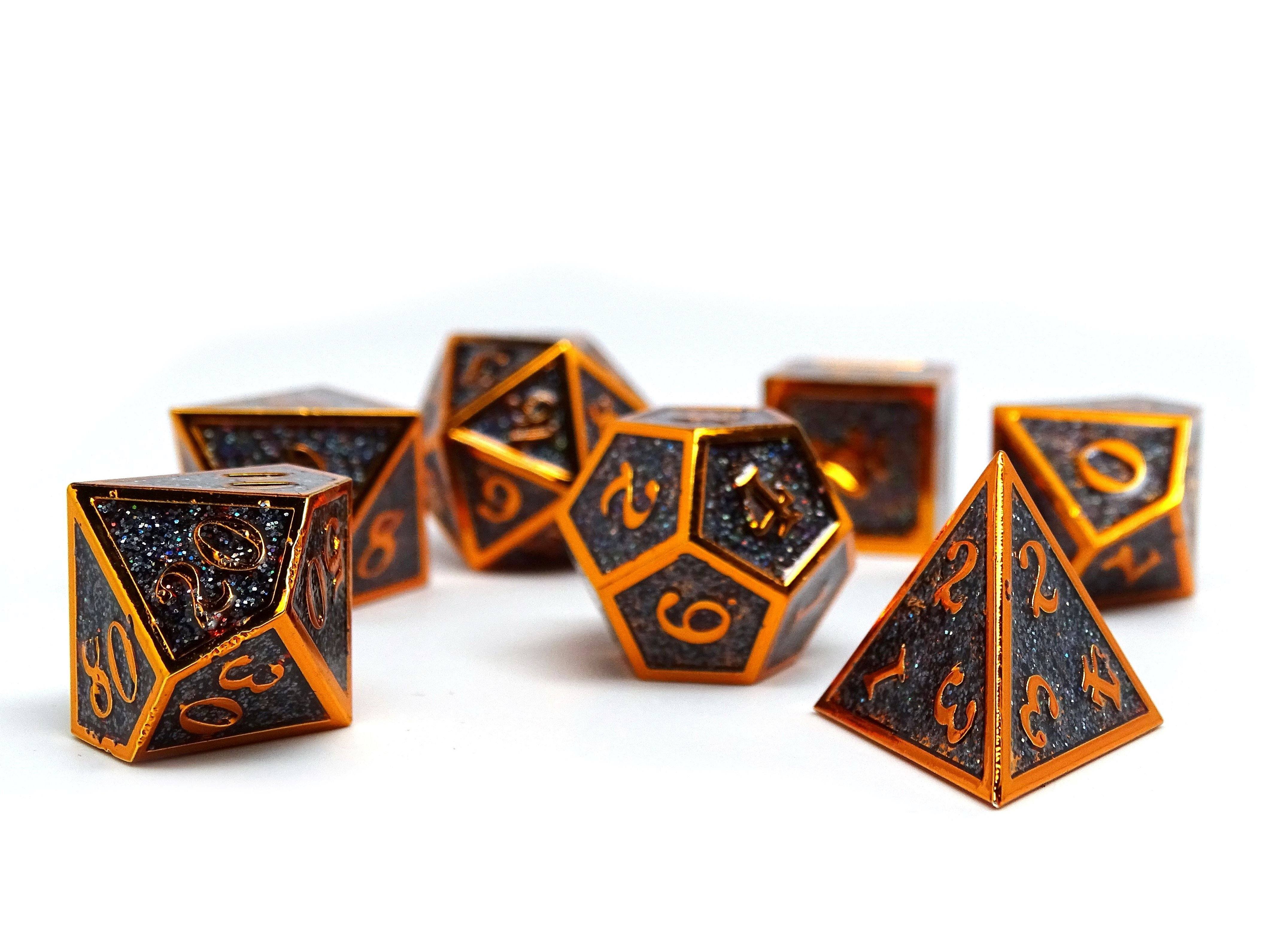 Heroic Dice of Metallic Luster - Black with Orange Font - Bards & Cards