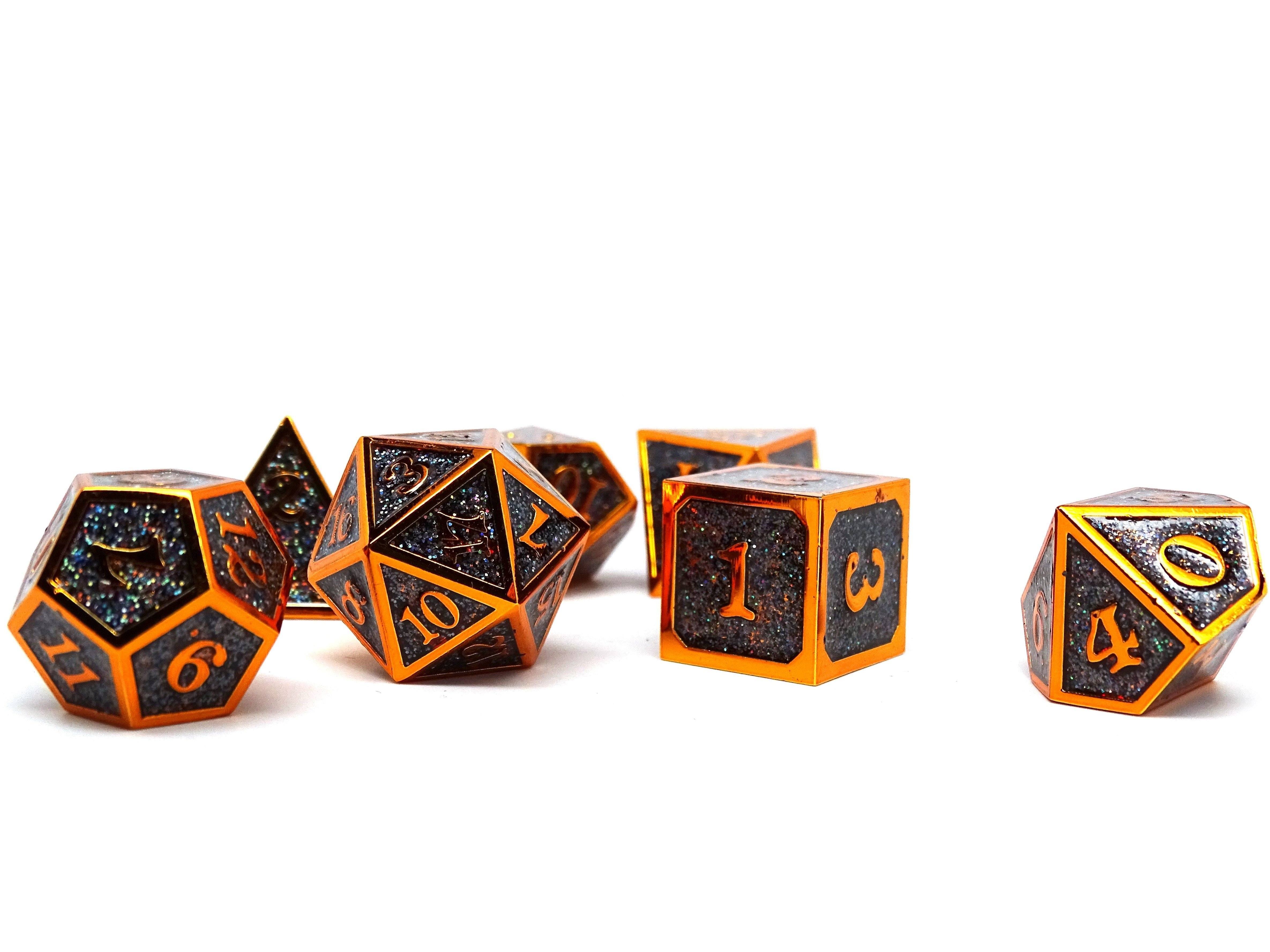 Heroic Dice of Metallic Luster - Black with Orange Font - Bards & Cards