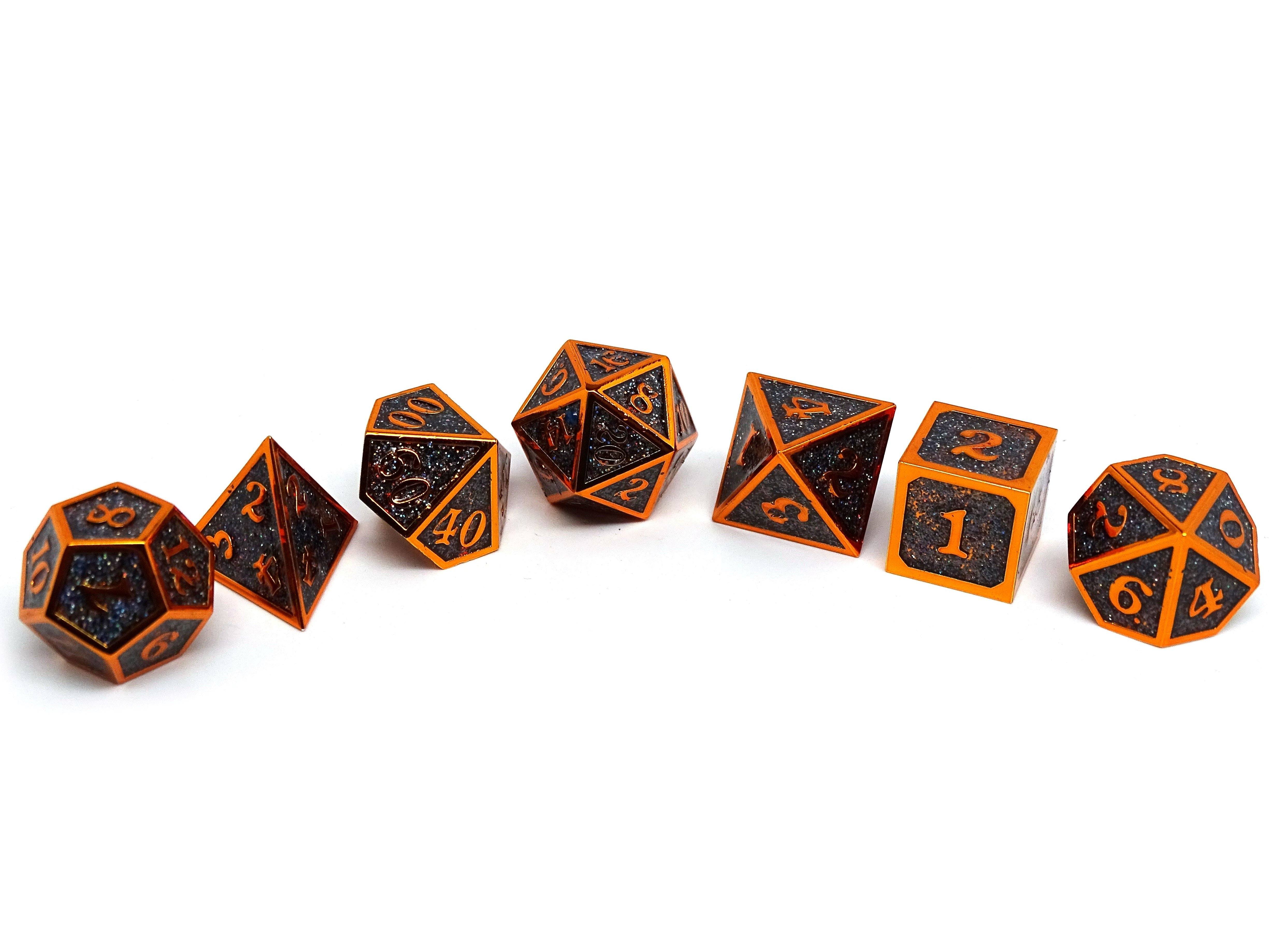 Heroic Dice of Metallic Luster - Black with Orange Font - Bards & Cards