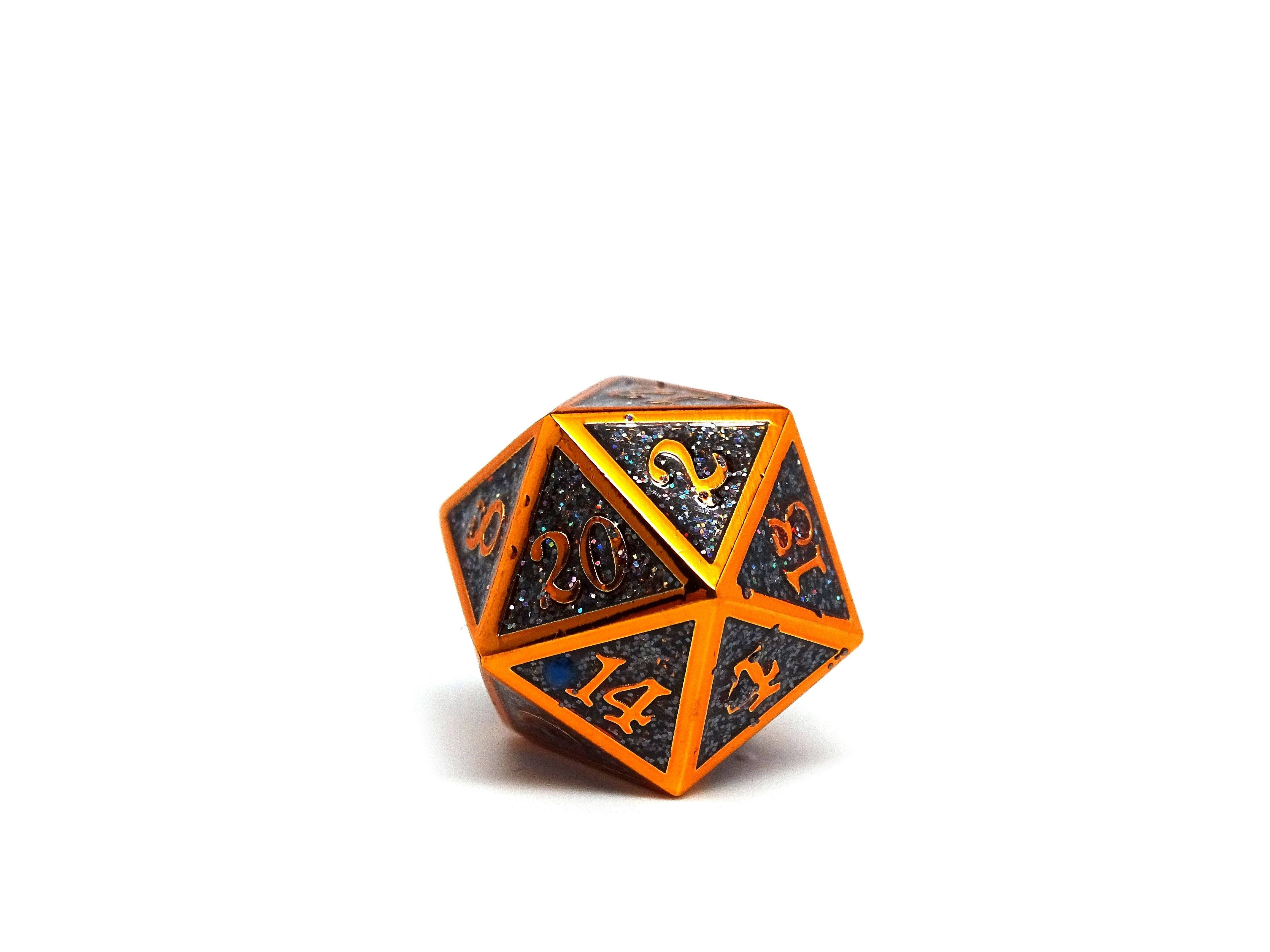 Heroic Dice of Metallic Luster - Single D20 Dice - Black with Orange Font - Bards & Cards