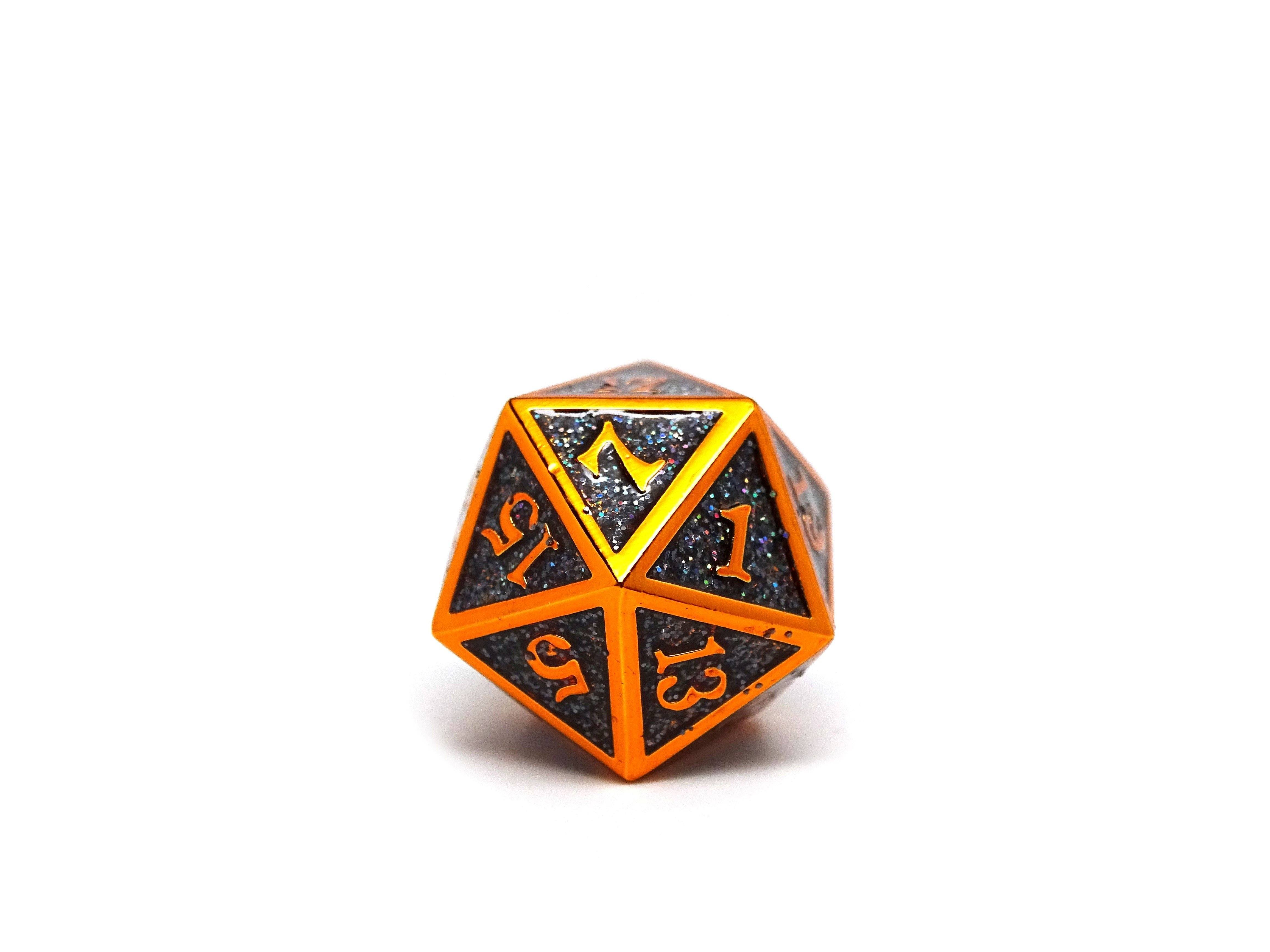 Heroic Dice of Metallic Luster - Single D20 Dice - Black with Orange Font - Bards & Cards