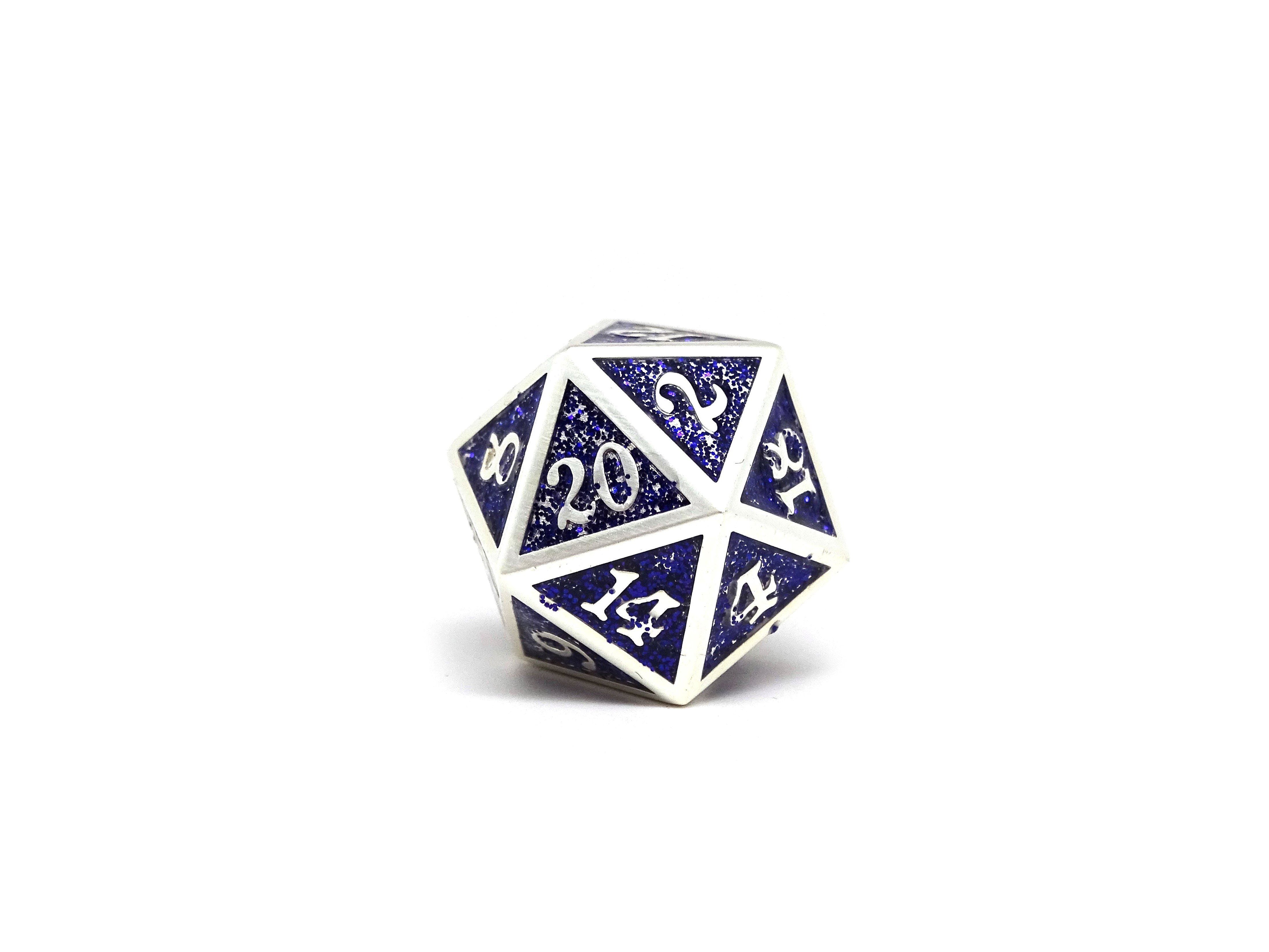 Heroic Dice of Metallic Luster - Single D20 Dice - Purple with Silver Font - Bards & Cards